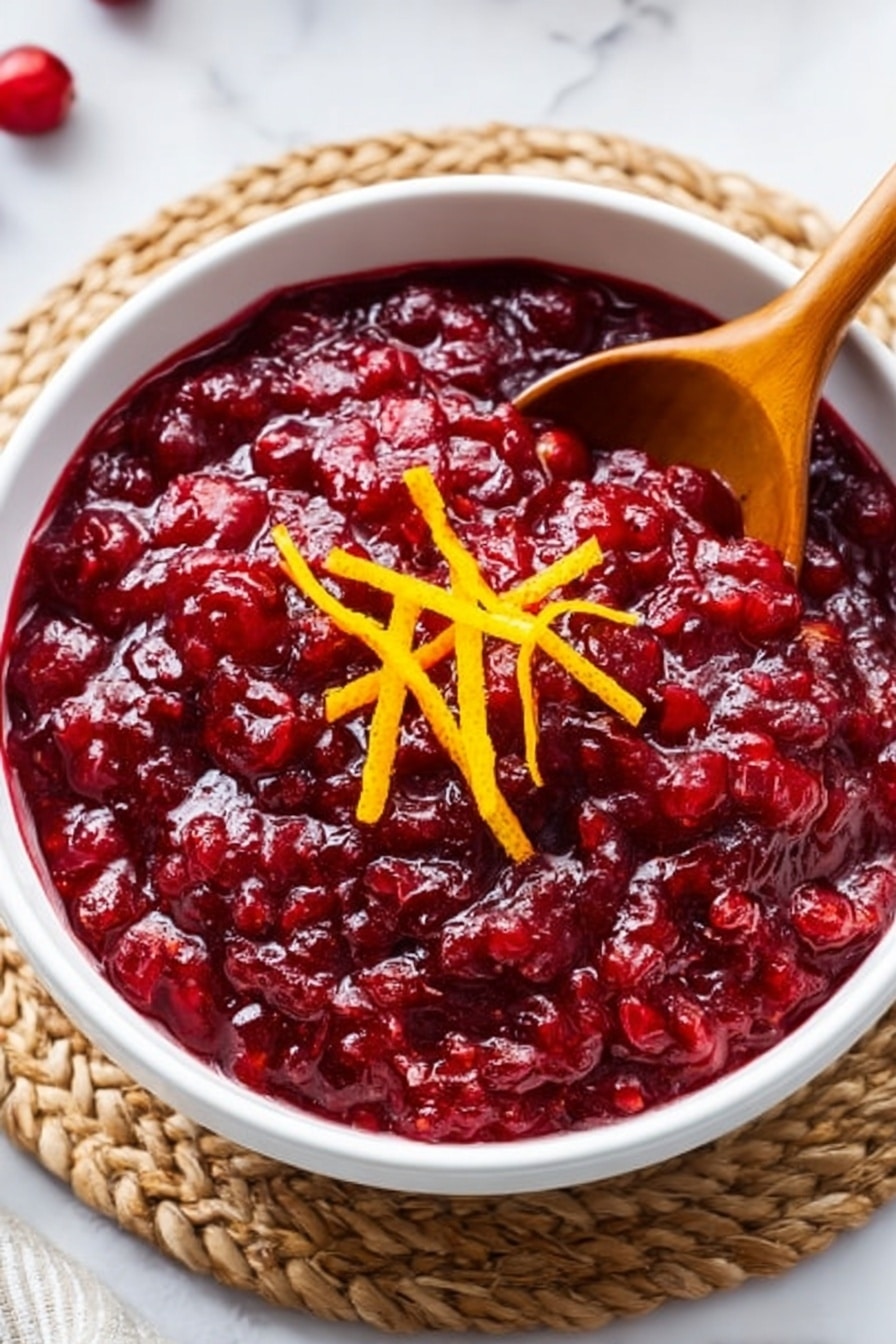 A white bowl filled with a thick, chunky deep red cranberry sauce, showing whole and crushed cranberries mixed together in a glossy texture. On top, a few thin bright orange strips of orange peel sit neatly as decoration. A smooth wooden spoon rests inside the bowl, partly immersed in the sauce. The bowl is placed on a circular woven mat, all on a white marbled surface. photo taken with an iphone --ar 2:3 --v 7 - Cranberry Orange Sauce, holiday cranberry sauce, citrus cranberry side, easy cranberry sauce, fresh fruit cranberry recipe