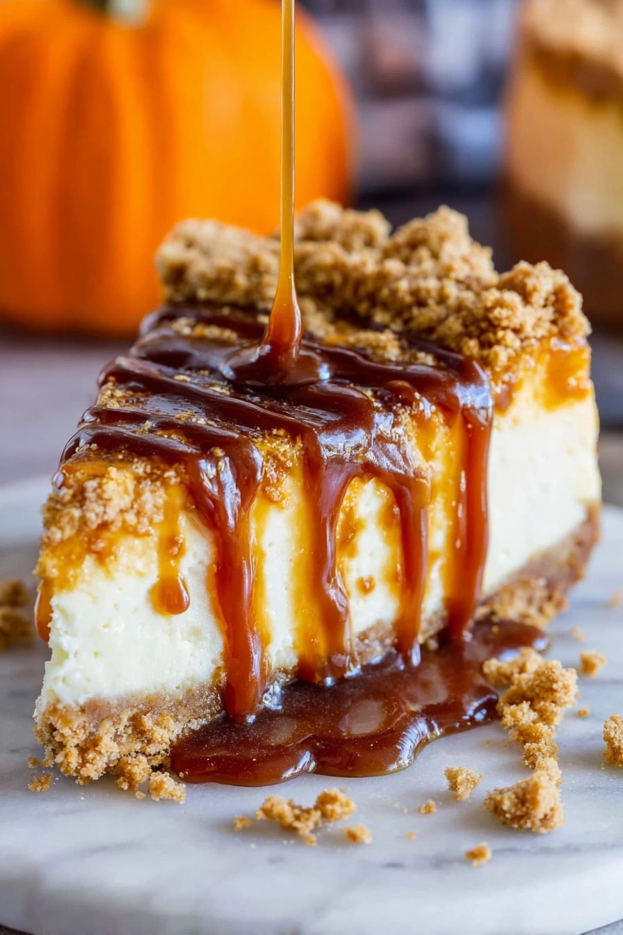 A close-up of a slice of pie with three visible layers: a light crust base slightly crumbly, a thick yellow filling in the middle, and a crumbly topping with light brown crumbs. The pie is covered with a drizzle of shiny caramel sauce that pools on the sides. Some crumbs and caramel sauce are scattered around the pie on a white marbled surface. The photo taken with an iphone --ar 2:3 --v 7 - Double Layer Pumpkin Cheesecake, pumpkin cheesecake with caramel, fall pumpkin dessert, layered pumpkin cheesecake recipe, easy pumpkin dessert