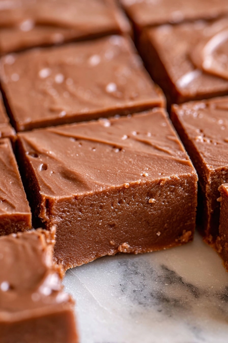 The image shows a close-up of a single layer of chocolate fudge cut into square pieces. Each piece has a smooth, shiny, and slightly glossy surface with a few small bubbles and soft folds. The fudge is a rich brown color and looks thick and dense with a bit of rough texture on the edges. The squares are closely placed on a light-colored surface with a white marbled texture slightly visible in the background. Photo taken with an iphone --ar 2:3 --v 7 - Mom’s Easy Fudge, easy chocolate fudge, homemade fudge recipe, quick fudge recipe, creamy fudge dessert