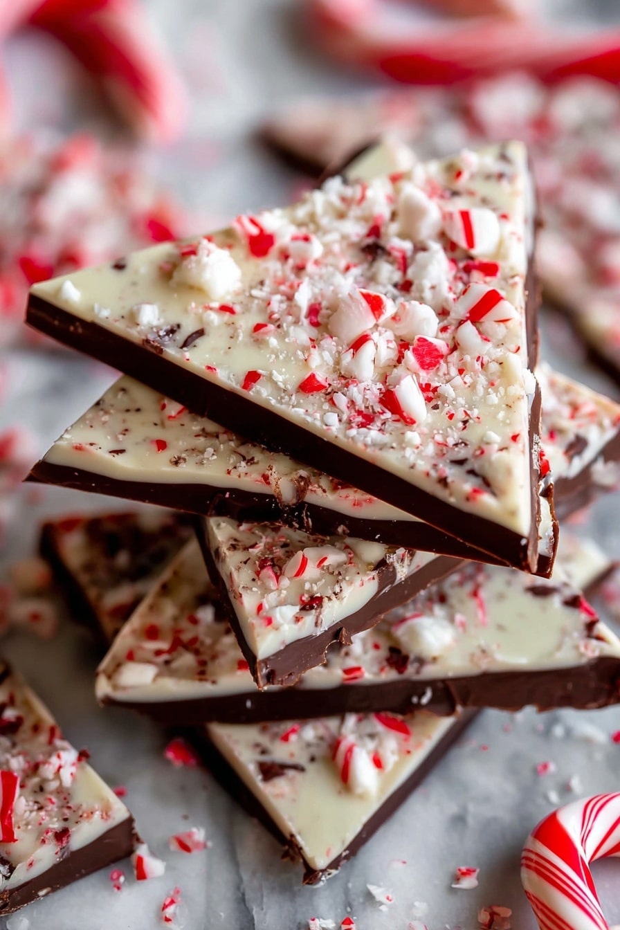 The image shows a stack of triangular peppermint bark pieces with two visible layers: the bottom layer is smooth, dark brown chocolate, and the top layer is a creamy white chocolate covered with scattered red and white crushed peppermint candy pieces, giving a crunchy texture. The stack is placed on a surface with more peppermint bark pieces and whole red and white striped candy canes blurred in the background, all set on a white marbled texture. photo taken with an iphone --ar 2:3 --v 7 - Homemade Peppermint Bark, peppermint bark recipe, holiday chocolate treats, easy peppermint bark, festive chocolate peppermint