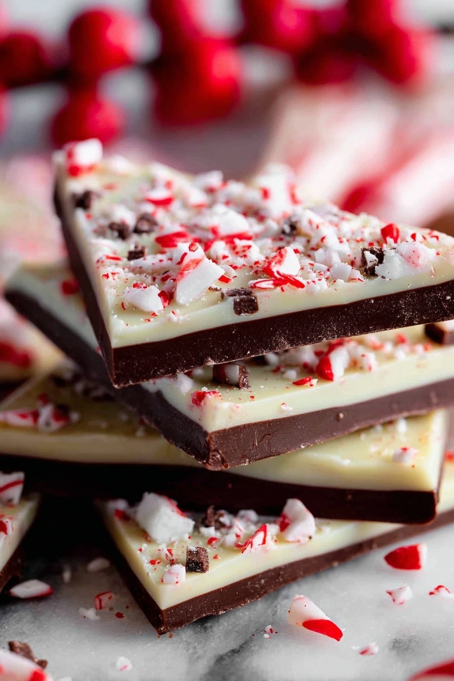 A close-up of a stack of triangular peppermint bark pieces showing three layers each; the bottom layer is dark brown chocolate with a smooth texture, the middle layer is white chocolate with a creamy texture, and the top layer is sprinkled with red and white crushed peppermint candy pieces scattered unevenly. The pieces are stacked unevenly on a white marbled surface with more peppermint bark pieces blurred in the background and some whole red berries adding a festive look. photo taken with an iphone --ar 2:3 --v 7 - Homemade Peppermint Bark, peppermint bark recipe, holiday chocolate treats, easy peppermint bark, festive chocolate peppermint