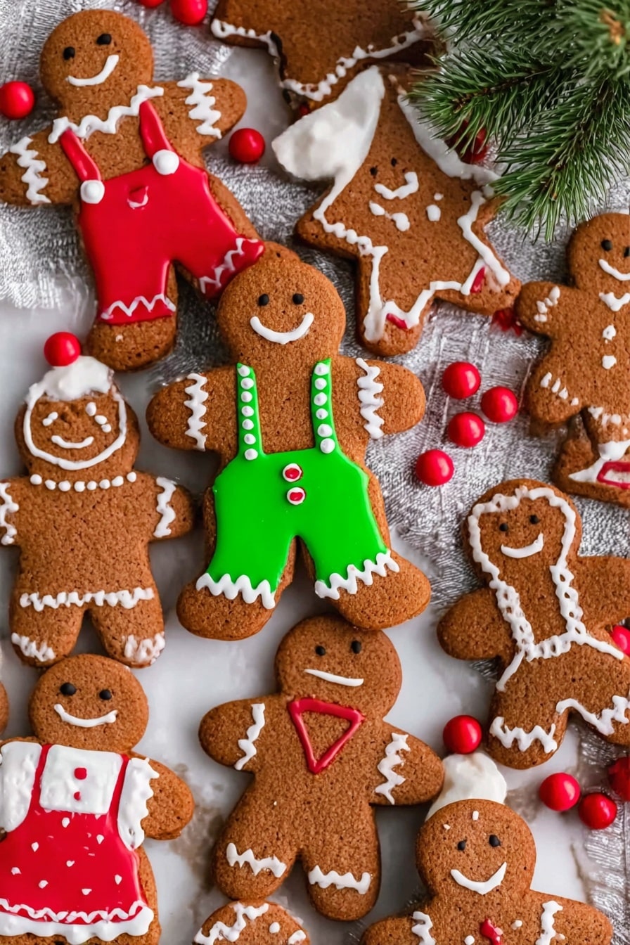 A close-up view of many gingerbread cookies decorated with colorful icing, placed on a white marbled surface. The cookies are in different shapes like gingerbread men, stars, and houses. The gingerbread men have layers of icing in white, red, and green forming clothes and facial features; some wear red pants with white suspenders, others have green pants with white buttons, and a few have white or red overalls. There are smaller gingerbread men with red or white dresses and happy faces outlined in white icing. The cookies have a rough brown texture with smooth icing details and are surrounded by red and white round beads and green pine branches. A small green pine tree is visible at the top right. Photo taken with an iphone --ar 2:3 --v 7 - Unbelievably Soft and Chewy Gingerbread Men, gingerbread man cookies, soft gingerbread cookies, chewy holiday cookies, festive gingerbread treats