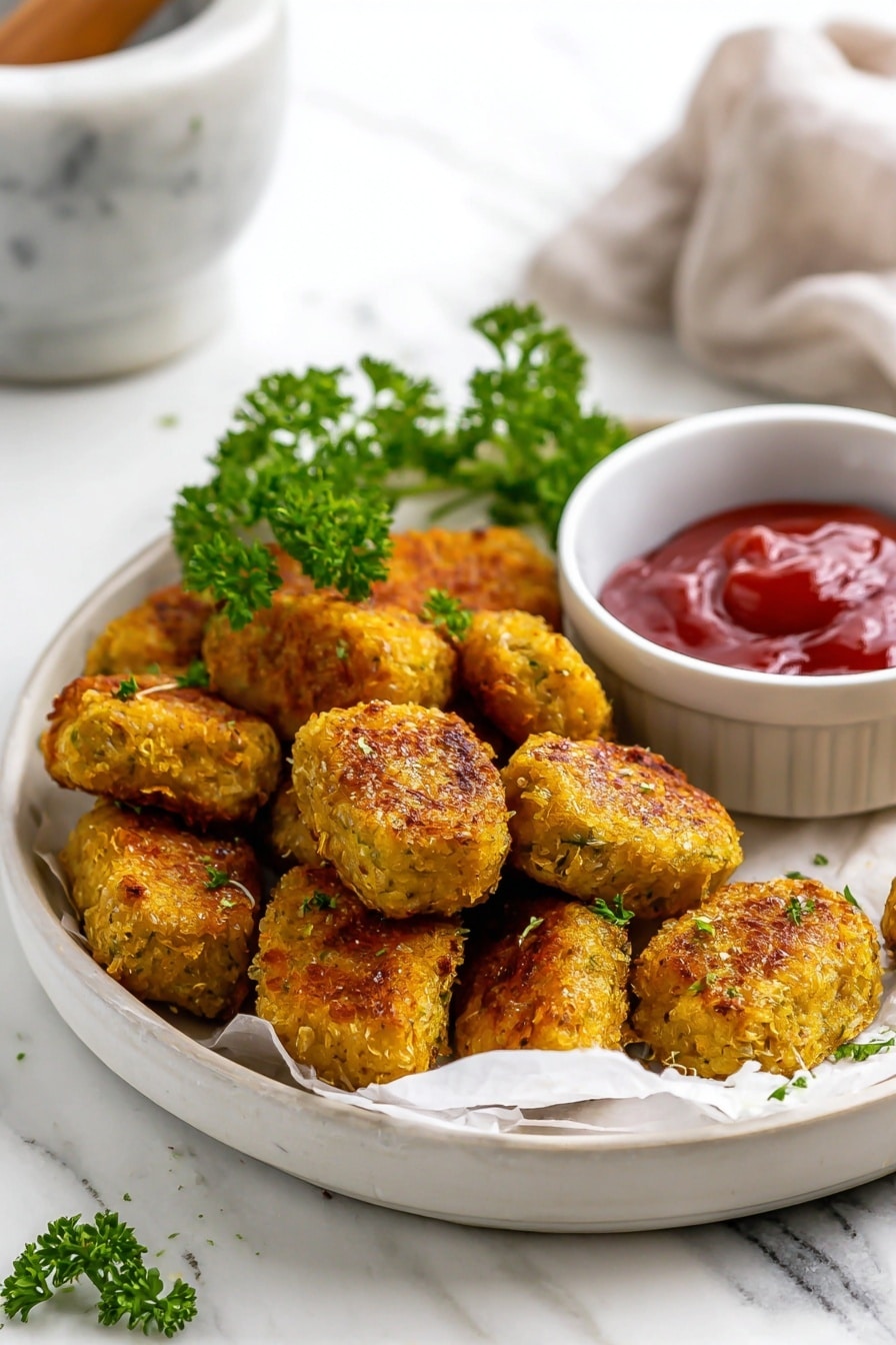 A white speckled round plate lined with white paper holds small golden brown nuggets with a slightly crispy texture and green herb bits sprinkled on top. The nuggets are arranged in a loose pile toward the back and side of the plate, with some pieces closer to the front. On the right side of the plate, there is a small white speckled bowl filled with reddish dipping sauce that has a smooth and shiny surface. A small bunch of fresh green parsley adds a bright touch near the back of the plate. The plate sits on a white marbled surface, and in the background, a mortar and pestle with a golden grinder are softly blurred. photo taken with an iphone --ar 2:3 --v 7 - Crispy Baked Cauliflower Tots, healthy cauliflower tots, veggie toddler snacks, baked cauliflower bites, easy veggie finger foods