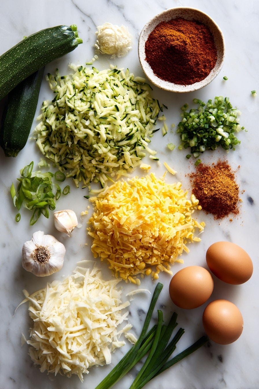 Flat lay of fresh grated zucchini with vibrant green skin, bright yellow cooked corn kernels, whole golden eggs, a mound of shredded sharp cheddar cheese, a single peeled garlic clove, finely chopped green onions, a small heap of sweet paprika powder, and a scattering of cumin seeds, all beautifully arranged in a natural, colorful composition placed on a white marble surface, photo taken with an iphone --ar 2:3 --v 7 - Zucchini Corn Fritters, crispy vegetable fritters, healthy vegetarian snacks, easy zucchini recipes, summer appetizer ideas