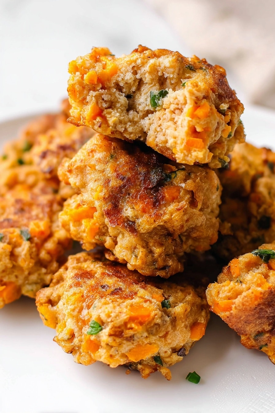The image shows a close-up of several golden brown, crispy sausage balls stacked together on a white plate, placed on a white marbled surface. Each ball has a rough, crumbly texture with visible bits of orange cheese and small green herbs mixed throughout, giving them a speckled look. The lighting highlights the crunchy outer layer of the balls, making them look warm and freshly baked. Photo taken with an iphone --ar 2:3 --v 7 - Cream Cheese Sausage Balls, sausage balls recipe, easy sausage appetizer, cheesy sausage bites, party sausage snacks