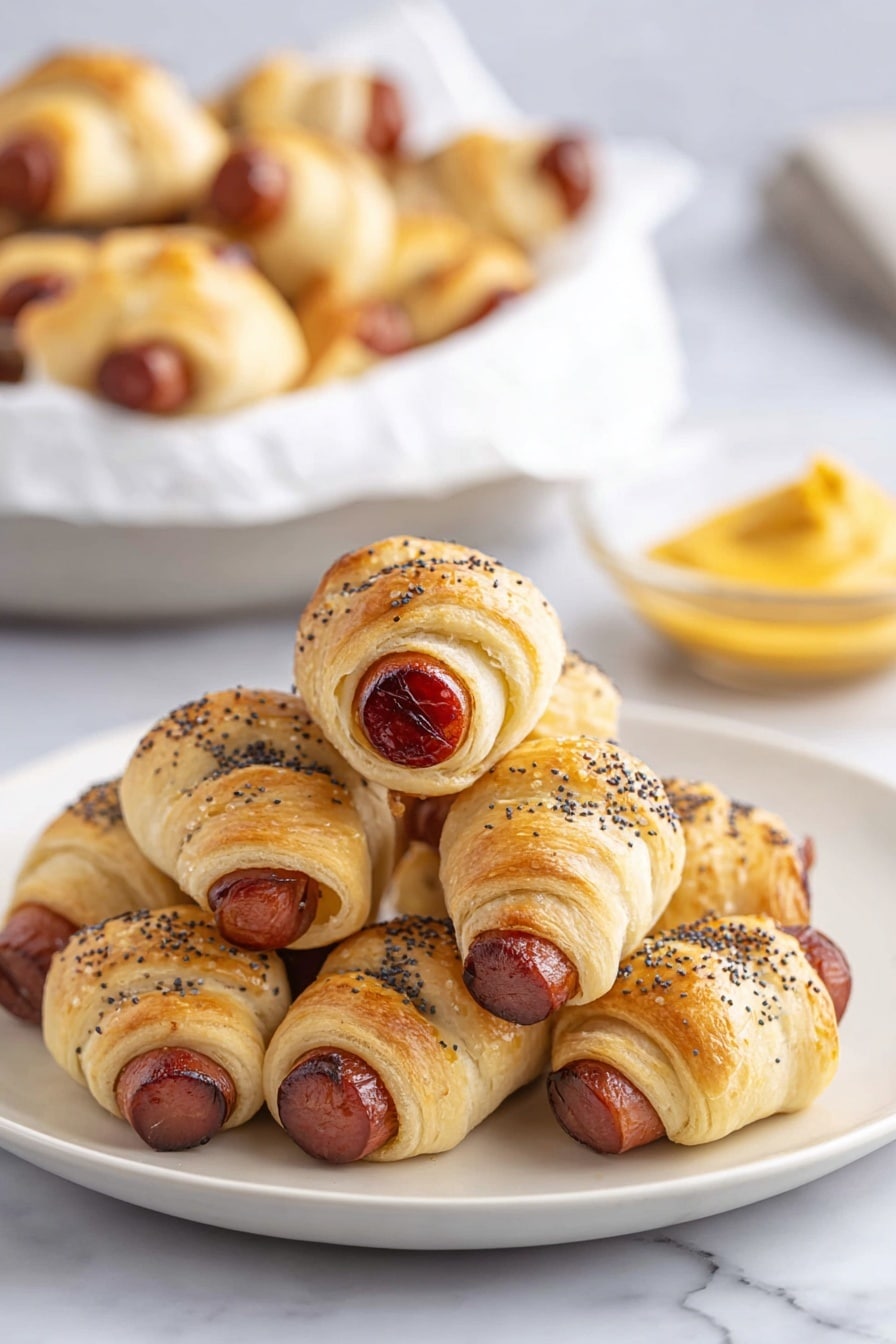 A white plate full of small golden-brown sausage rolls stacked in a pyramid shape. Each roll is wrapped in flaky dough with a reddish-brown sausage visible at the ends. The dough is sprinkled with black and white seeds, adding texture on the top. Behind the plate, there is a white basket lined with white paper filled with more sausage rolls. To the right, a clear small bowl contains a yellow dipping sauce. The setting is on a white marbled surface with soft natural light, showing the crispy texture and warm tones of the rolls clearly. photo taken with an iphone --ar 2:3 --v 7 - Pigs in a Blanket with Everything Bagel Seasoning, pigs in a blanket appetizer, easy party snacks, gourmet pig in a blanket, savory snack ideas