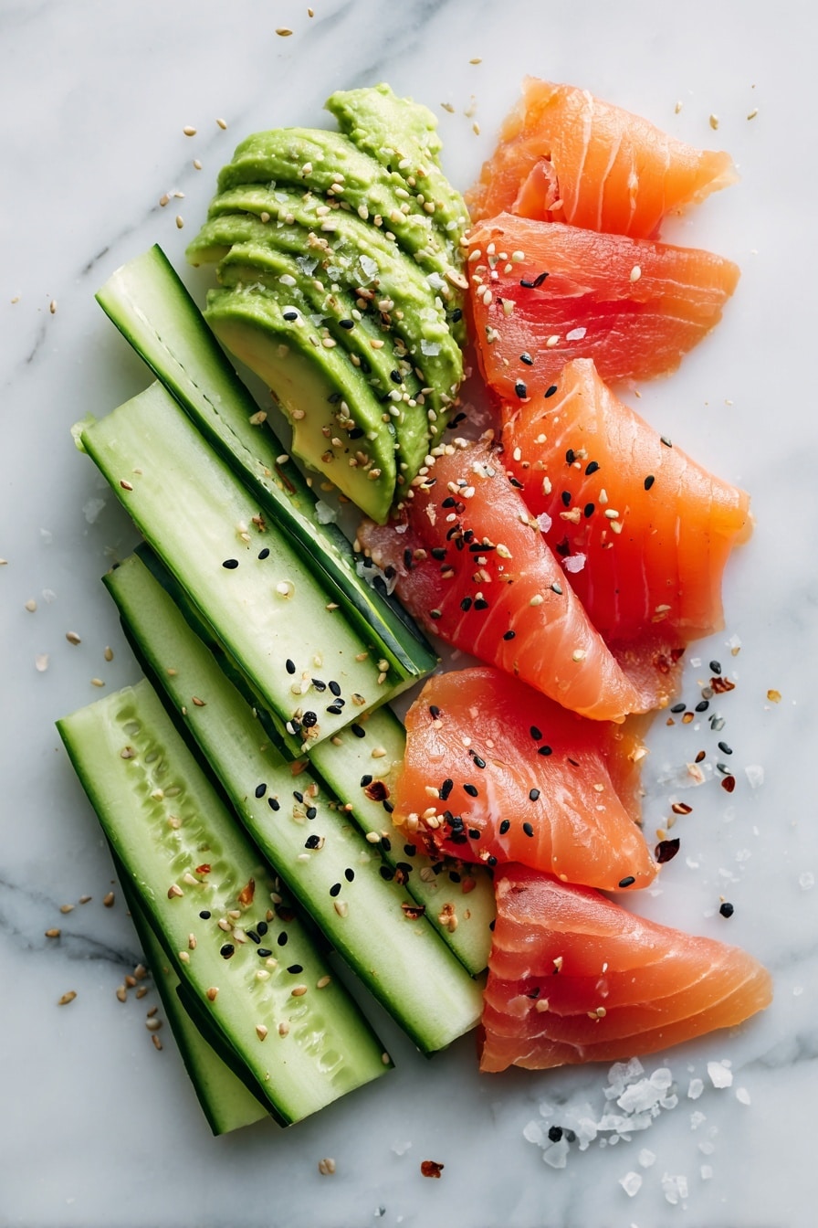 Flat lay of thinly sliced English cucumber strips, delicate pieces of bright orange smoked salmon, creamy mashed avocado with a smooth texture, small piles of black sesame seeds, sprinkled black peppercorns, and a pinch of coarse salt crystals, all beautifully arranged in a neat and colorful composition, placed on a white marble surface, photo taken with an iphone --ar 2:3 --v 7 - Smoked Salmon Cucumber Roll with Avocado, smoked salmon appetizer, cucumber sushi roll, healthy seafood appetizer, easy salmon avocado bites