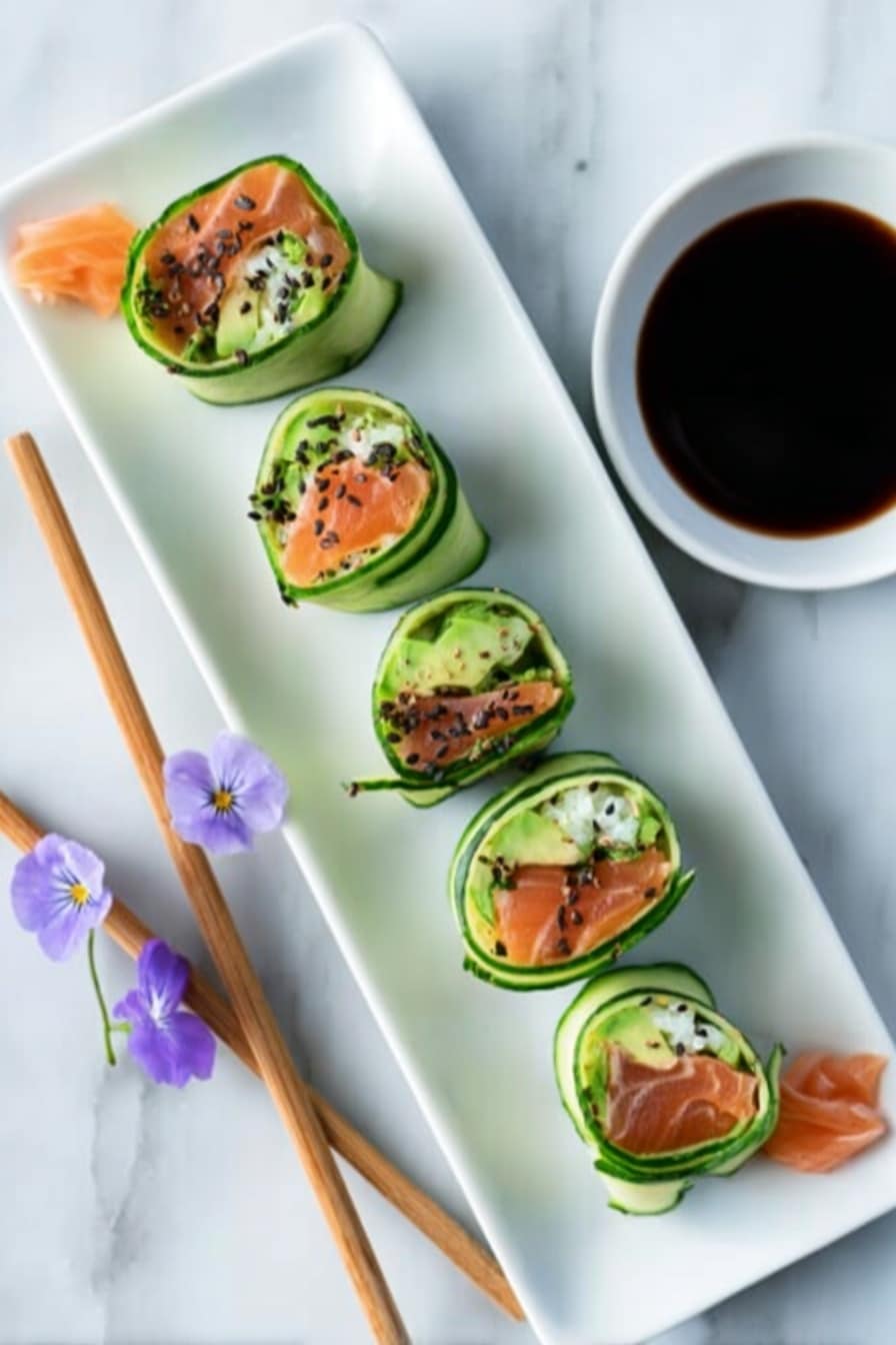 The image shows six green sushi rolls placed in a white rectangular plate on a white marbled surface. Each sushi roll has an outer layer of thinly sliced green cucumber, inside there is a white cream cheese layer, and a bright orange slice of smoked salmon on top. The rolls are sprinkled with black sesame seeds. A small purple flower is placed beside the rolls for decoration. A pair of wooden chopsticks rests on the edge of the plate near a small white bowl filled with dark soy sauce. A woman's hand is seen holding one sushi roll. photo taken with an iphone --ar 2:3 --v 7 - Smoked Salmon Cucumber Roll with Avocado, smoked salmon appetizer, cucumber sushi roll, healthy seafood appetizer, easy salmon avocado bites