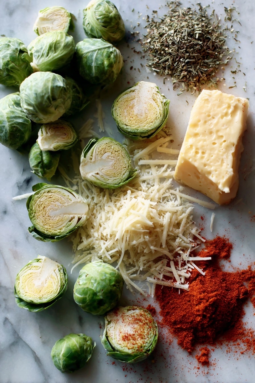 Flat lay of fresh halved Brussels sprouts with fresh green leaves scattered around, a small pile of finely grated Parmesan cheese, a softened slab of golden melted butter, a heap of deep red smoked paprika powder, and a sprinkle of dried oregano leaves, placed on a white marble surface, photo taken with an iphone --ar 2:3 --v 7 - Oven Roasted Parmesan Brussel Sprouts, roasted Brussels sprouts with Parmesan, easy Brussels sprouts recipe, healthy roasted Brussels sprouts, crispy Brussel Sprouts with Parmesan