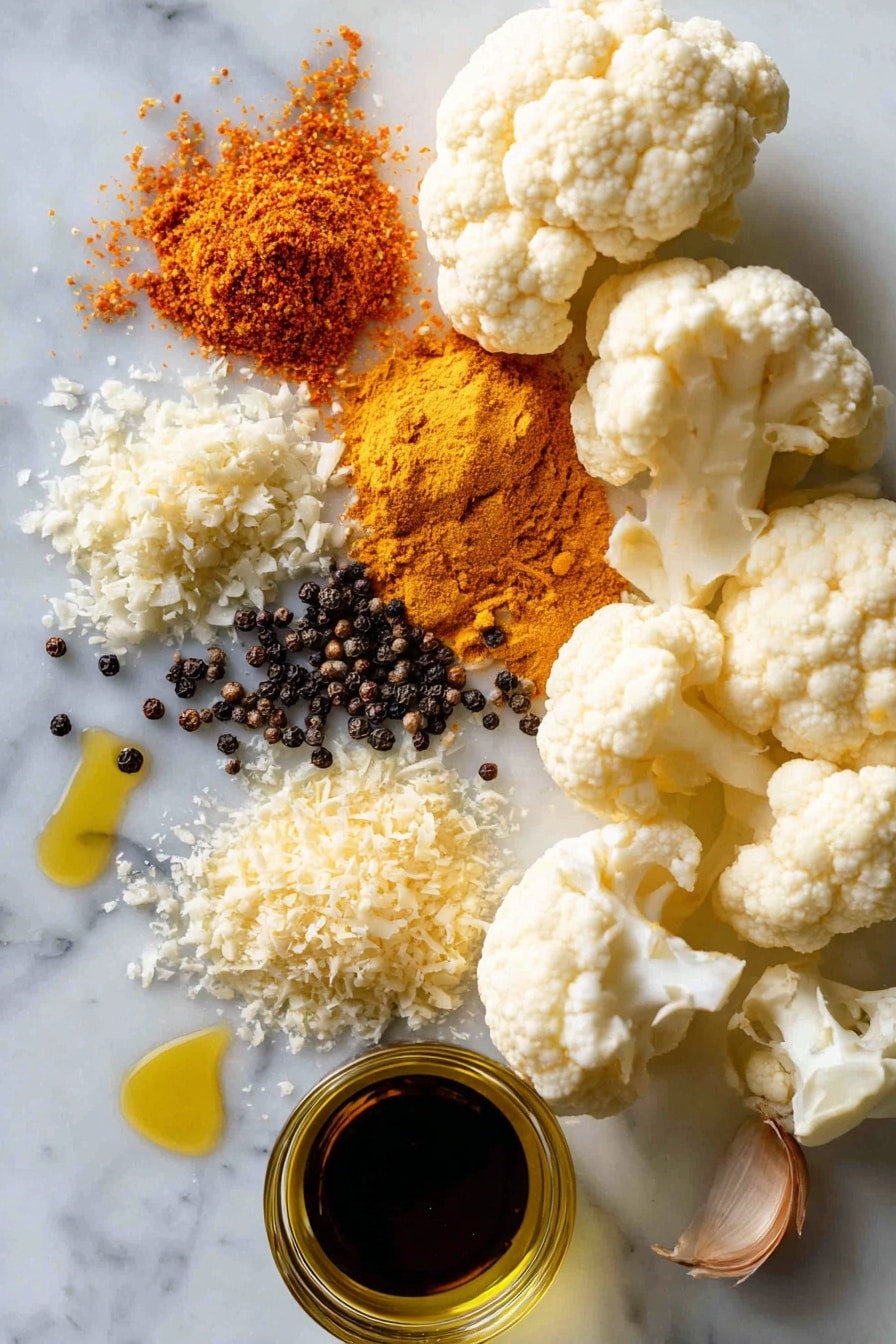 Flat lay of fresh cauliflower florets, a small pile of grated parmesan cheese, bright orange smoked paprika powder, golden turmeric powder, pale garlic powder, glossy olive oil drizzled in a small puddle, scattered black peppercorns, and a few coarse salt crystals, all beautifully arranged with vibrant colors and textures highlighted, placed on a white marble surface, photo taken with an iphone --ar 2:3 --v 7 - Crispy Air Fryer Cauliflower Without Breading, healthy cauliflower snacks, low-carb air fryer vegetables, easy air fryer cauliflower, crispy cauliflower side dish