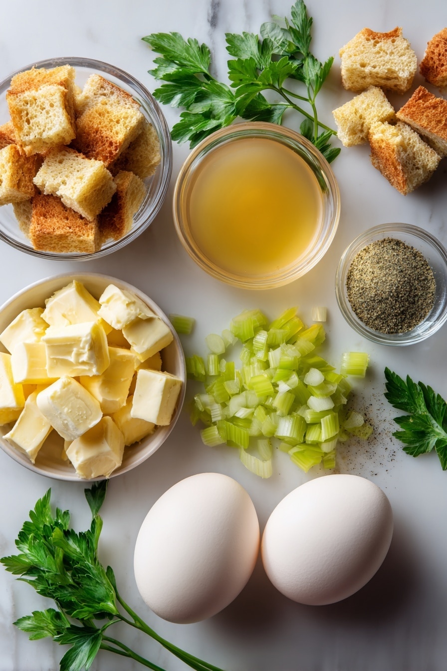 Flat lay of golden dried bread cubes, chunks of creamy unsalted butter, vibrant chopped celery stalks, diced yellow onion pieces, speckled poultry seasoning powder, rich chicken stock in a small clear glass, two large fresh eggs with smooth shells, all beautifully arranged with a few sprigs of fresh green parsley placed on a white marble surface, photo taken with an iphone --ar 2:3 --v 7 - Grandma's Thanksgiving Turkey Stuffing, classic stuffing recipe, holiday stuffing, homemade stuffing, Thanksgiving side dish