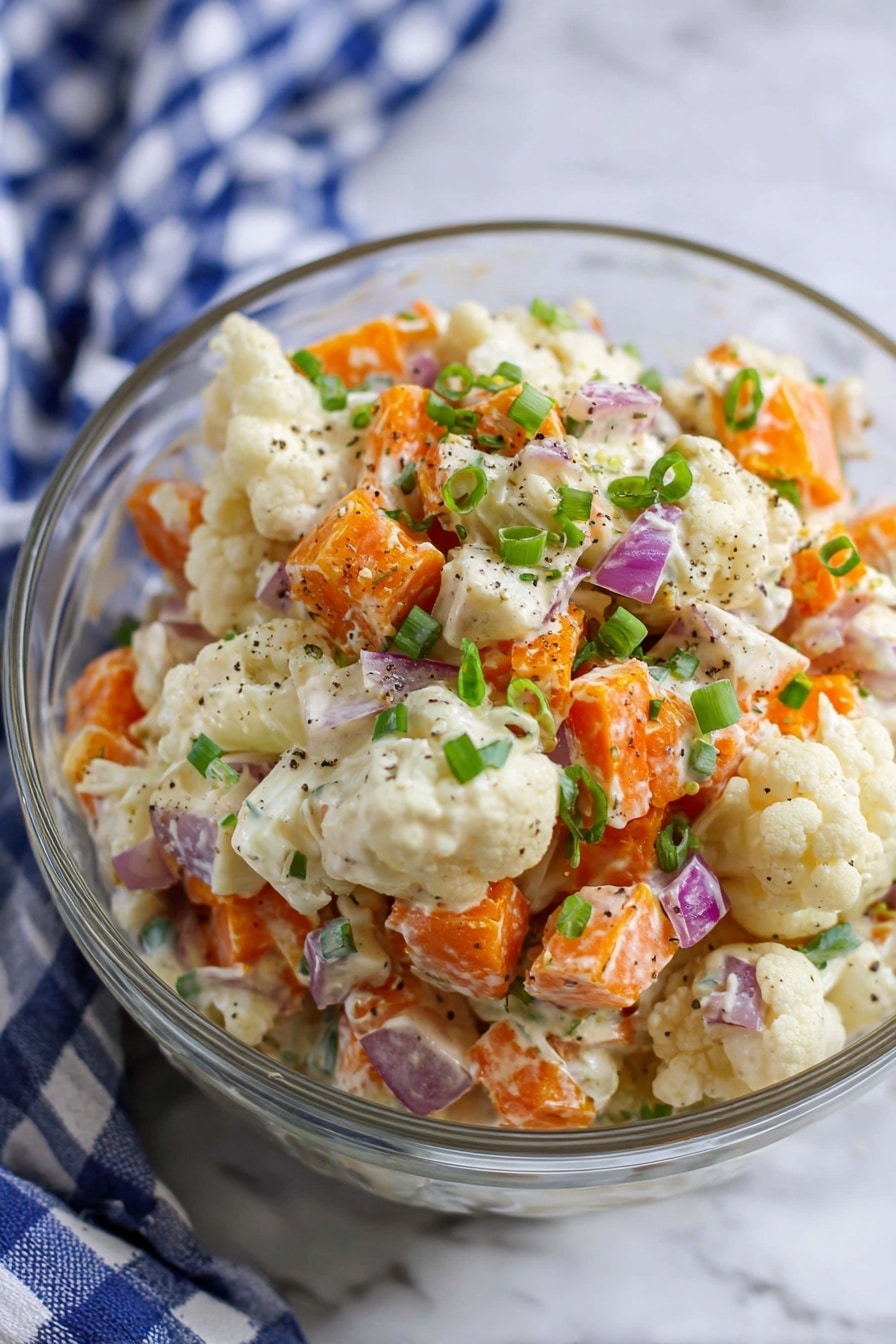 A clear glass bowl filled with a creamy vegetable salad featuring three main layers: chunky white cauliflower pieces, bright orange carrot cubes, and small bits of purple onion mixed evenly throughout. On top, finely chopped green onions are scattered, adding a fresh pop of color. The creamy dressing lightly coats all ingredients, giving a smooth texture with some visible black pepper specks. The bowl sits on a white marbled surface, with a blue and white checkered cloth in the background. Photo taken with an iphone --ar 2:3 --v 7 - Roasted Butternut Squash Cauliflower Salad, healthy fall vegetable salad, easy roasted vegetable salad, nutritious vegetarian salad, warm and cold roasted veggie salad