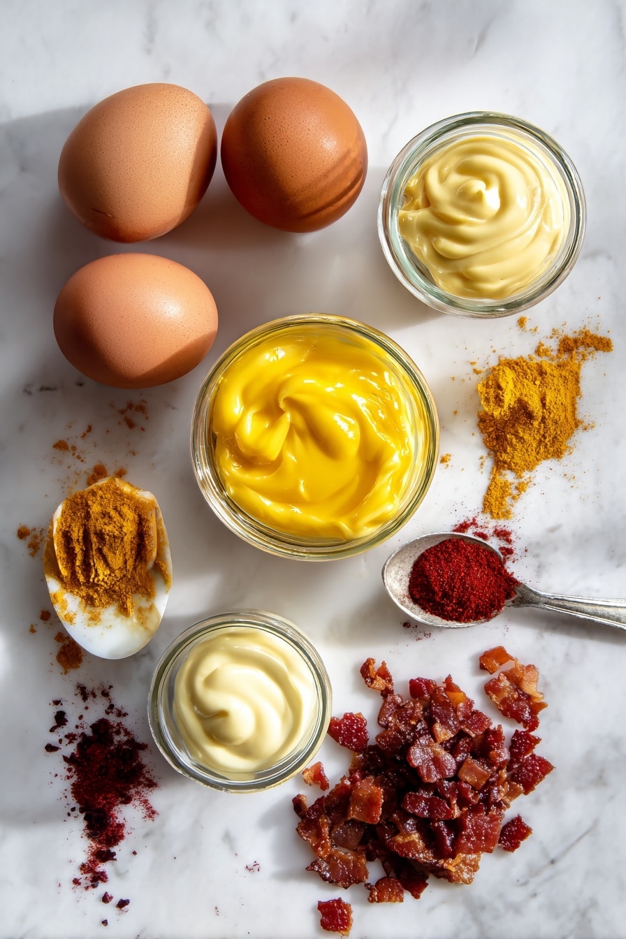 Flat lay of six whole eggs, vibrant bright yellow mashed egg yolks, creamy homemade mayo in a small glass jar, smooth Dijon mustard dollops, a small splash of amber apple cider vinegar, deep red paprika powder scattered artistically, and crispy chopped bacon pieces, all beautifully arranged with natural light highlighting their textures, placed on a white marble surface, photo taken with an iphone --ar 2:3 --v 7 - Grandma’s Easy Deviled Eggs for Thanksgiving, Thanksgiving deviled eggs, easy holiday appetizer recipes, classic deviled eggs, festive egg appetizers