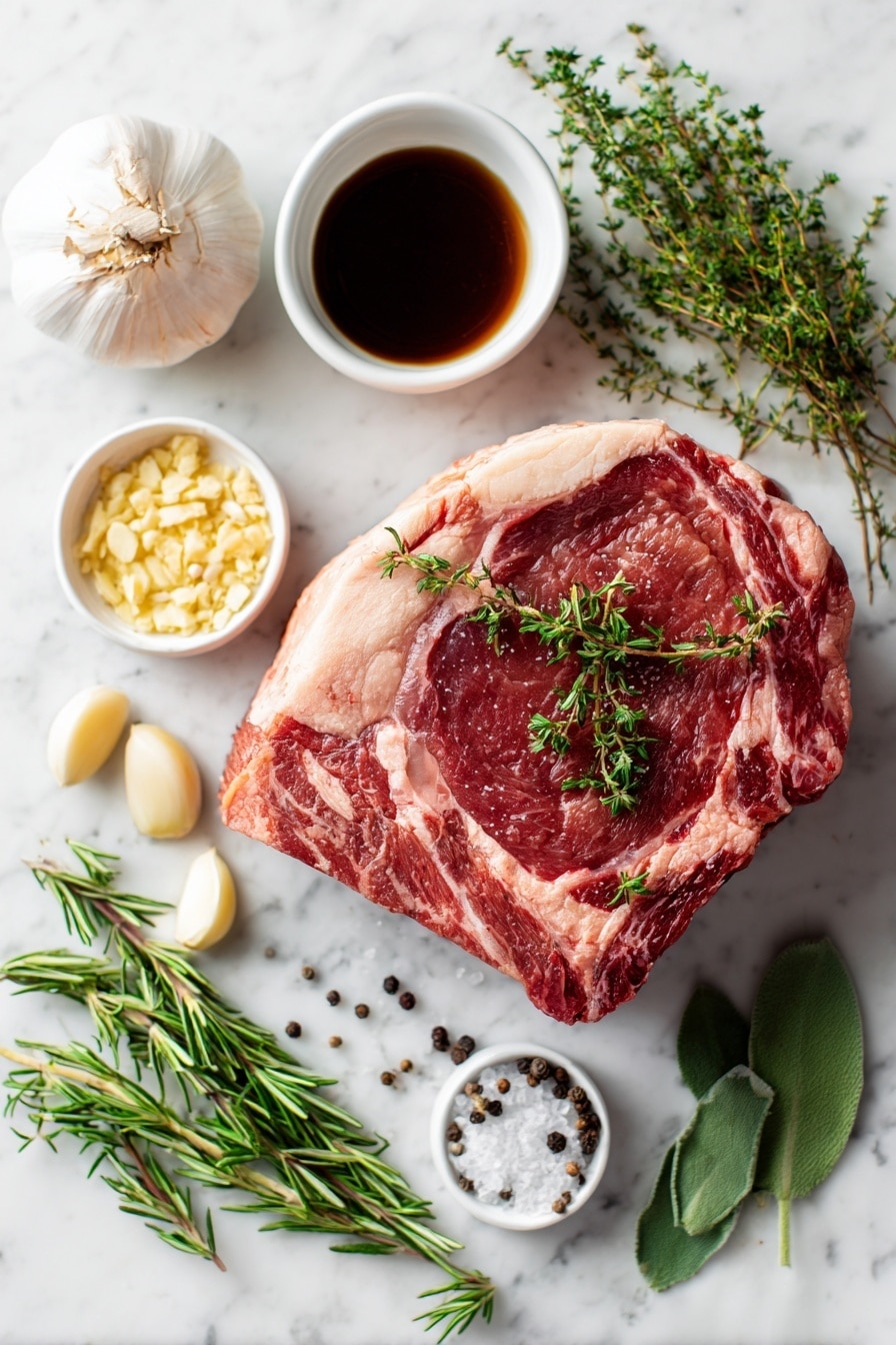 Flat lay of a large bone-in prime rib roast with a thick fat cap, fresh sprigs of rosemary, sage, and thyme leaves scattered around, three peeled garlic cloves finely minced, a small dish of rich Worcestershire sauce, coarse kosher salt crystals, and cracked black peppercorns, all beautifully arranged on a white marble surface, photo taken with an iphone --ar 2:3 --v 7 - Reverse Sear Prime Rib, Prime Rib cooking tips, How to cook prime rib, Perfect prime rib crust, Juicy prime rib method