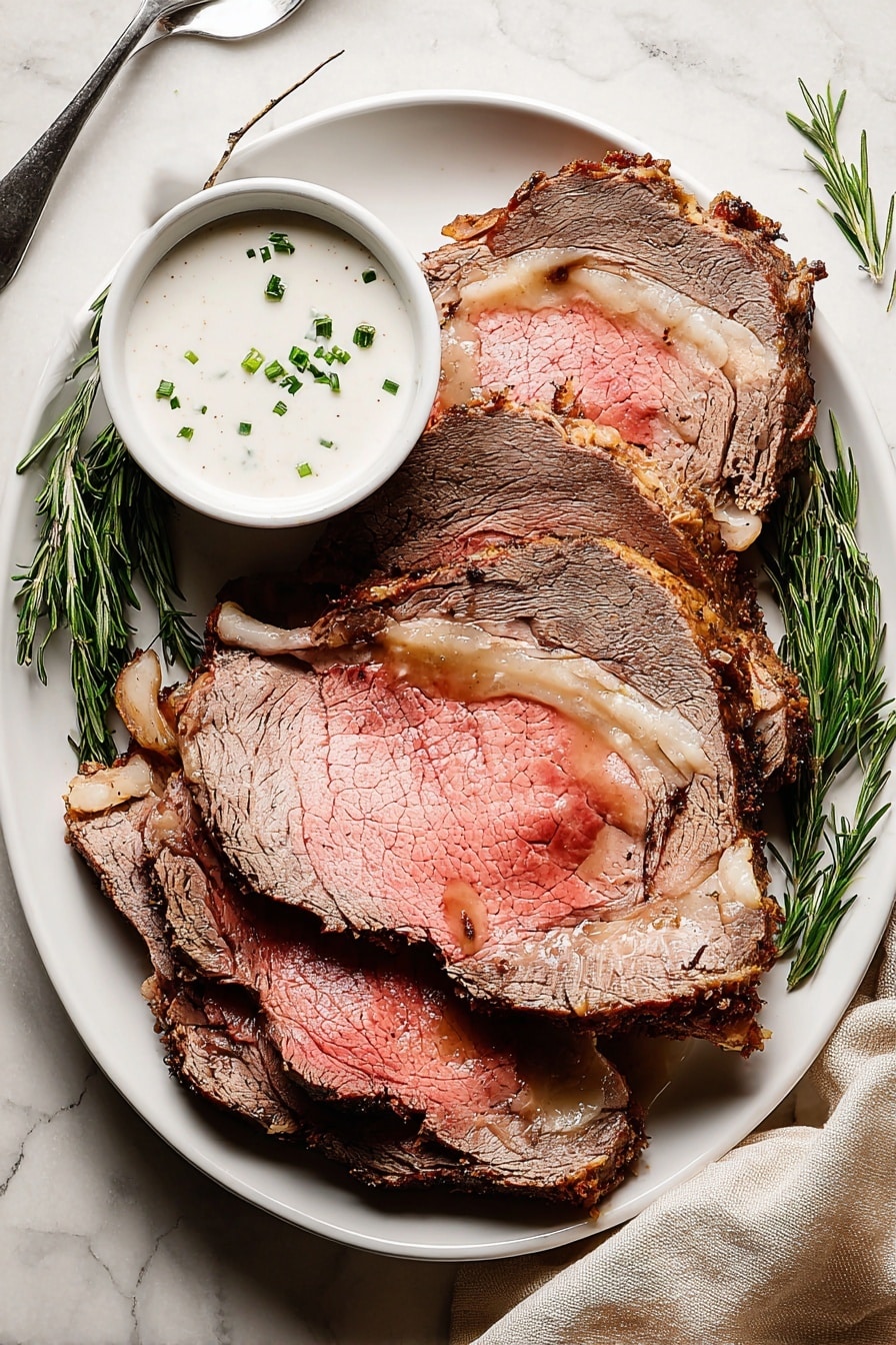 The dish has three main layers on a round white plate set on a white marbled texture. The bottom left layer is a large slice of cooked meat, dark brown on the edges with a pink center, topped with a creamy white sauce sprinkled with green herbs. Above it is a neat pile of bright green cooked green beans, smooth and shiny. On the right side, there is a mound of creamy mashed potatoes with a light yellow color, drizzled with brown gravy and sprinkled with black pepper. Photo taken with an iphone --ar 2:3 --v 7 - Reverse Sear Prime Rib, Prime Rib cooking tips, How to cook prime rib, Perfect prime rib crust, Juicy prime rib method