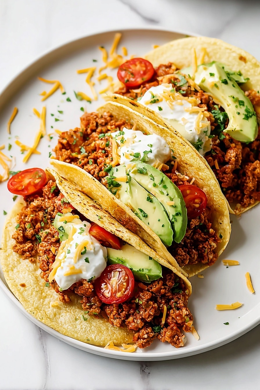 The image shows four soft corn tortillas laid flat on a white marbled surface, each topped with a thick layer of cooked minced orange-brown seasoned filling. On top of this layer, there are small pieces of red cherry tomatoes and chopped green herbs scattered on and around the tacos. Each taco is garnished with thin avocado slices placed on one side, bright yellow shredded cheese sprinkled over everything, and a dollop of white sour cream near the avocado. There are small drops of sour cream and chopped herbs scattered across the surface, along with two lime wedges on the top right side. The texture of the tortillas is soft and slightly toasted. The photo taken with an iphone --ar 2:3 --v 7 - Ground Turkey Tacos with Tomato Sauce and Fresh Toppings, healthy turkey taco recipes, quick weeknight tacos, easy ground turkey dinner, flavorful taco ideas