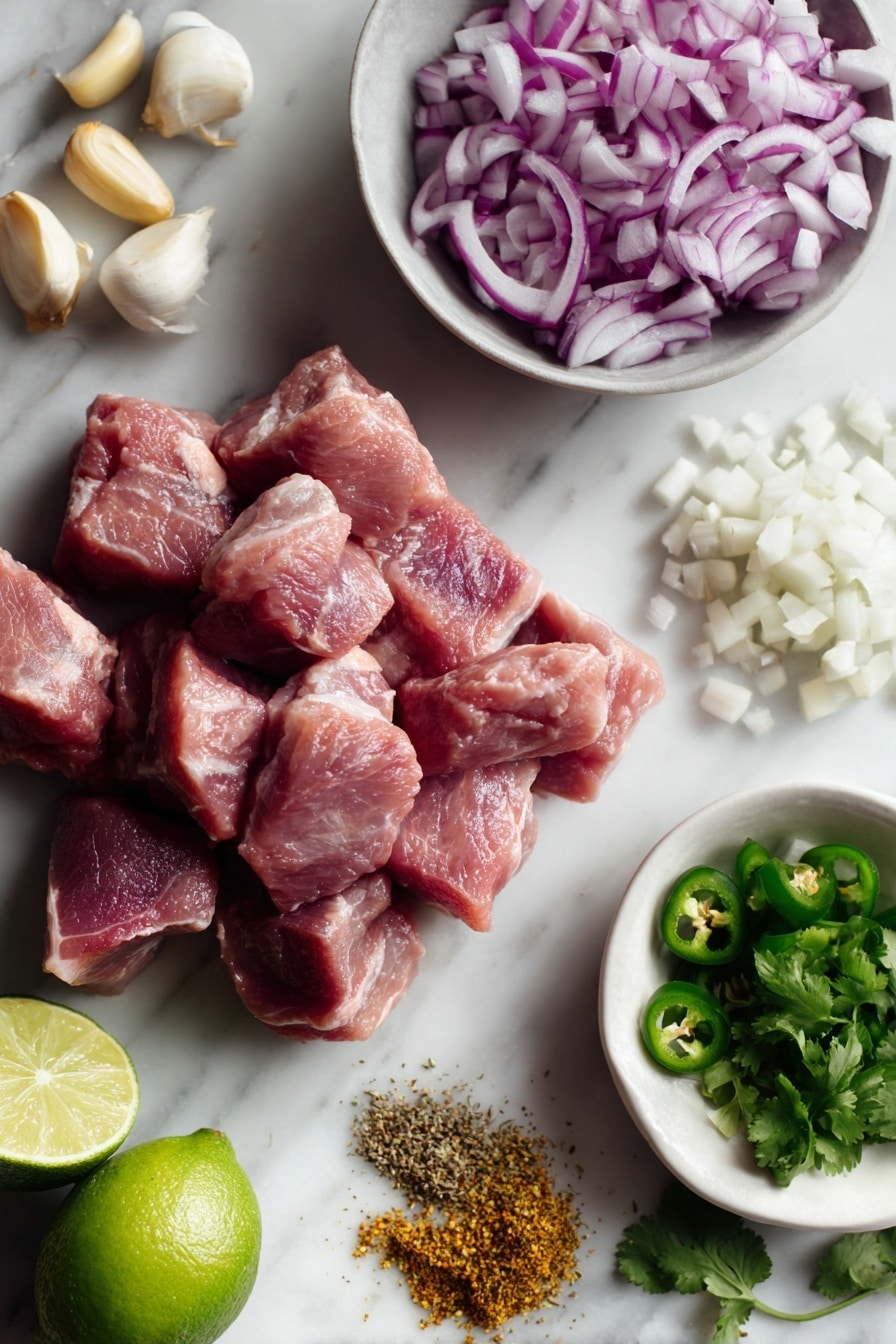 Flat lay of boneless pork shoulder chunks, chopped garlic cloves, a small white onion diced, a sliced jalapeño pepper, fresh orange halves, dried oregano and ground cumin sprinkled artistically, chopped red onion, fresh cilantro leaves, and vibrant lime wedges, all beautifully arranged with bright natural light, placed on a white marble surface, photo taken with an iphone --ar 2:3 --v 7 - Slow Cooker Carnitas Tacos, Crispy Pork Tacos, Easy Carnitas Recipe, Pork Tacos with Fresh Toppings, Tender Pulled Pork Tacos