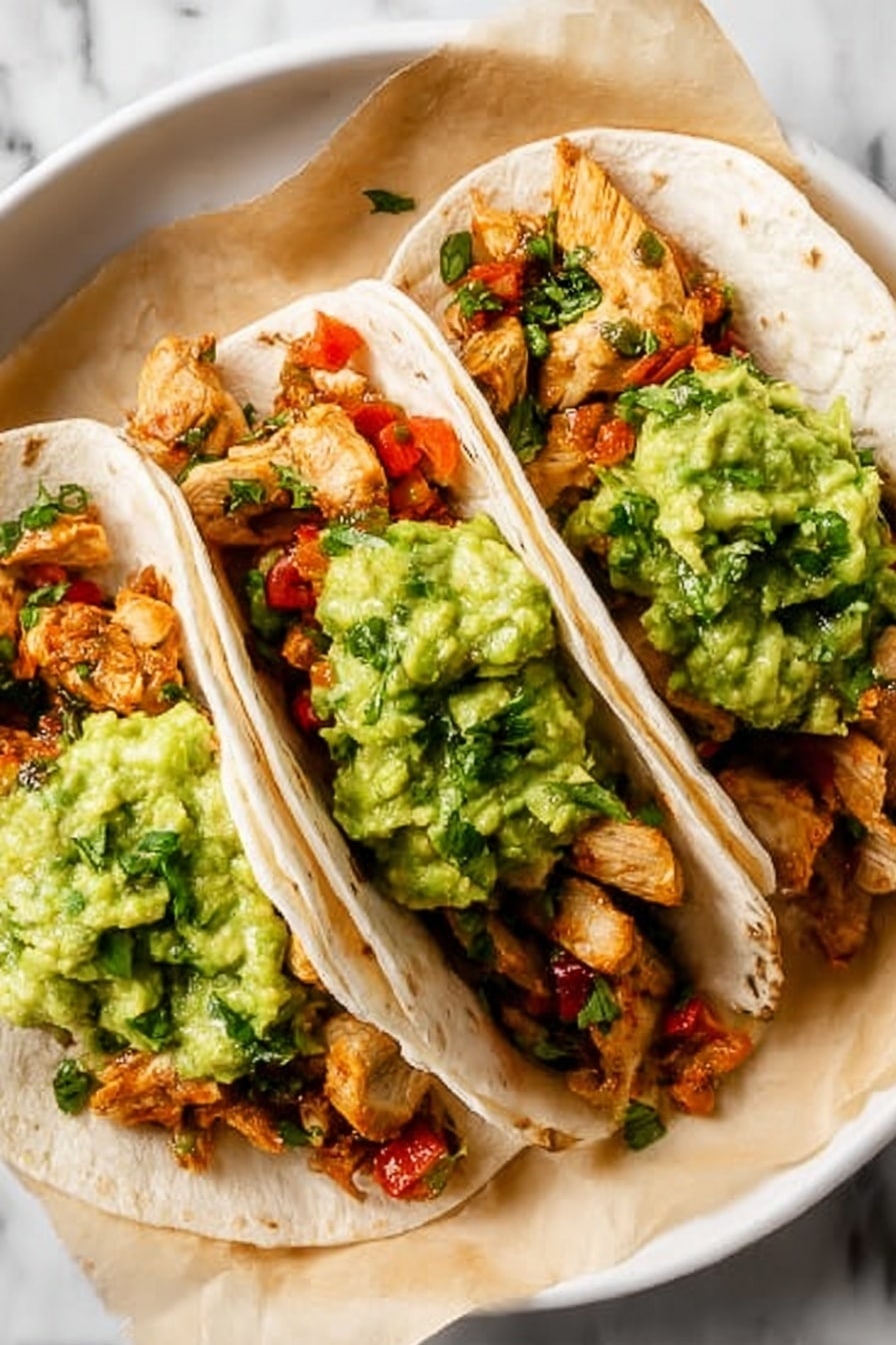 There are two tacos shown closely next to each other on white paper inside a white container. Each taco has one soft tortilla as the base with cooked pieces of golden brown chicken spread in an uneven layer. On top of the chicken, there is a fresh mixture of red diced tomatoes and green chopped cilantro, followed by a big scoop of chunky, bright green guacamole placed mostly in the center. The background is a clean white marbled surface. photo taken with an iphone --ar 2:3 --v 7 - Chicken Tacos with Homemade Marinade, homemade chicken taco marinade, easy chicken taco recipe, flavorful chicken tacos, quick dinner tacos