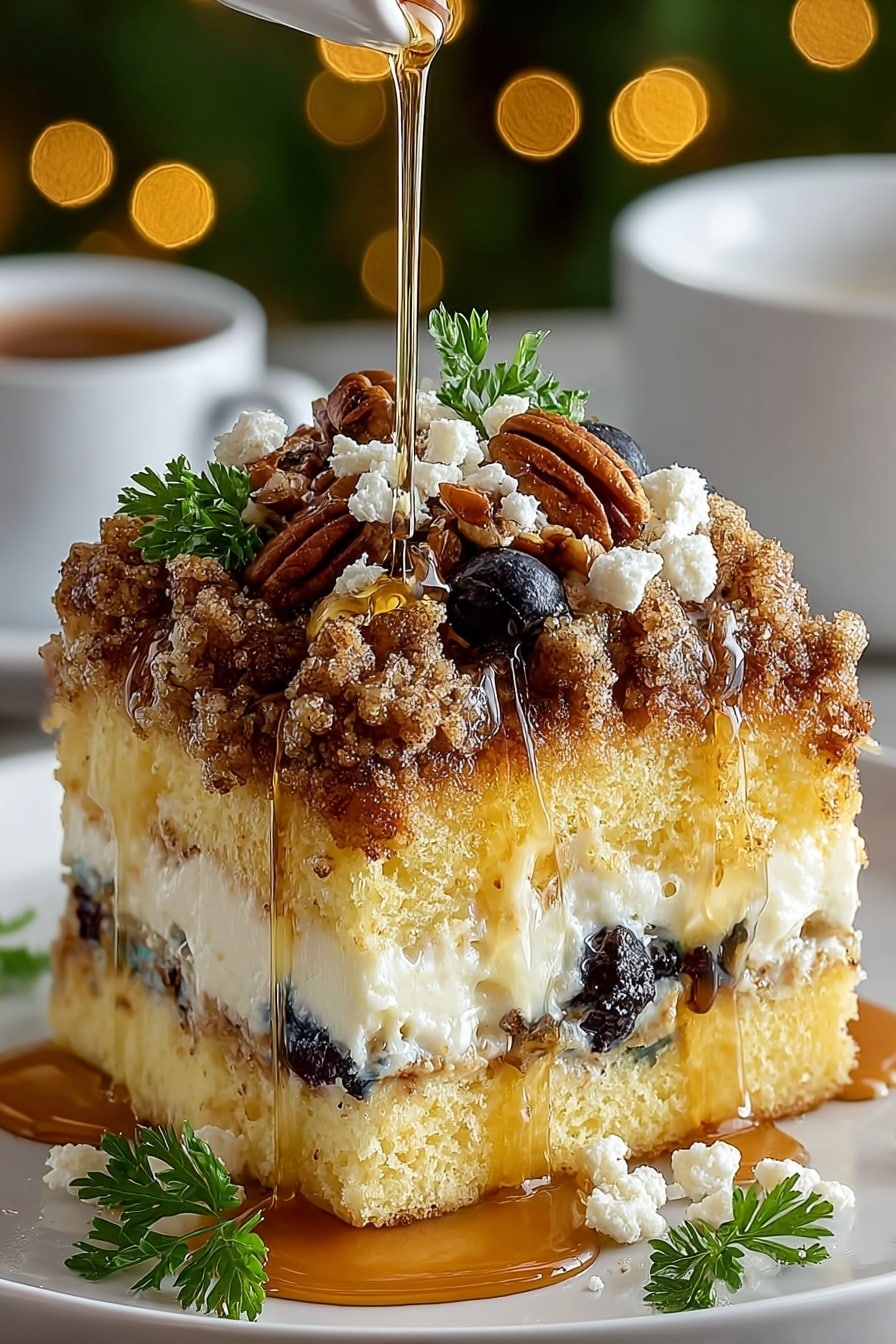 A thick square piece of golden-yellow cake sits on a white plate with three layers visible: a soft cake base, a middle layer of white creamy filling, and a top layer covered in crumbly brown streusel. On top, whole glossy pecans, small white crumb-like pieces, and a few dark blueberries are scattered, with fresh green parsley adding a pop of color. Amber syrup is being poured over the cake, flowing down its sides and pooling at the bottom, creating a shiny, sticky look. The background has soft green and yellow bokeh lights and a white cup with coffee slightly blurred. Photo taken with an iphone --ar 2:3 --v 7 - Sweet Maple Sausage Breakfast Casserole, maple sausage breakfast bake, savory sweet breakfast casserole, holiday brunch casserole, make-ahead breakfast casserole