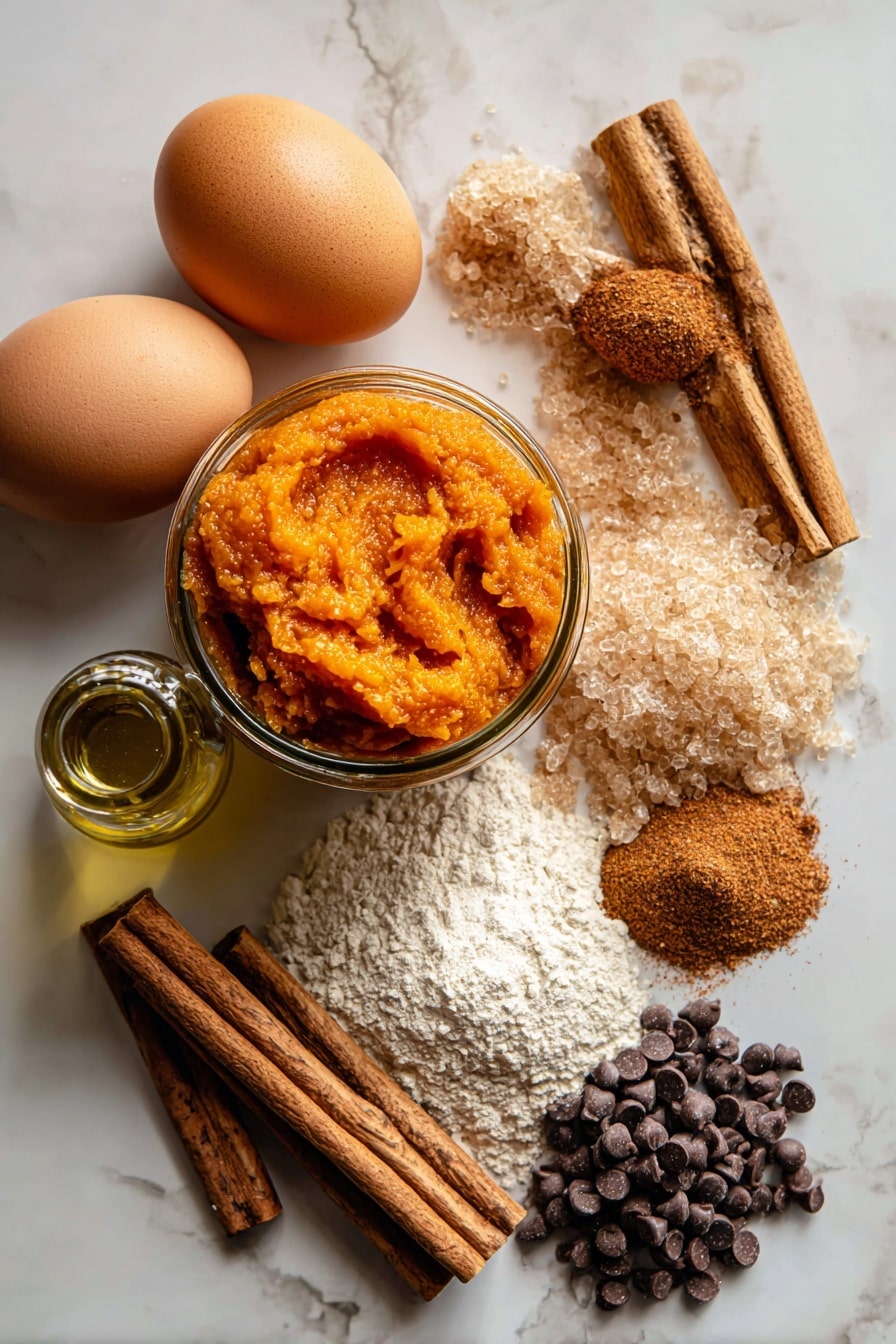 Flat lay of a rich orange pumpkin puree in a small glass jar, a neat pile of white and golden brown sugar crystals, two large brown eggs with smooth shells, a small bottle of light olive oil glistening under the light, a heap of soft golden cinnamon sticks next to a tiny heap of freshly grated nutmeg and warm brown ground ginger, a scattering of shiny dark semisweet chocolate chips, and a mound of pale beige all-purpose flour, all beautifully arranged with autumn tones and textures, placed on a white marble surface, photo taken with an iphone --ar 2:3 --v 7 - Pumpkin Chocolate Chip Muffins, pumpkin muffin recipe, easy pumpkin muffins, pumpkin bakery treats, fall muffin ideas