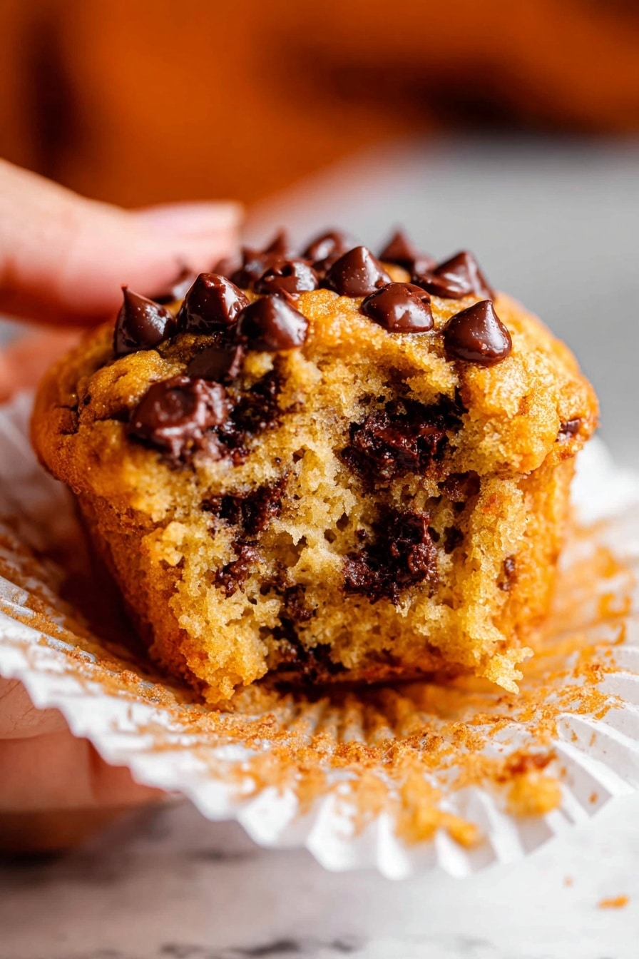 A close-up image of a single muffin held by a woman's hand, showing its inside. The muffin is golden brown with a soft, crumbly texture. Inside and on top, there are many dark brown melted chocolate chips, which look smooth and shiny. The muffin paper wrapper is white with some crumbs on it, lying on a white marbled surface. The background is blurred with warm tones. photo taken with an iphone --ar 2:3 --v 7 - Pumpkin Chocolate Chip Muffins, pumpkin muffin recipe, easy pumpkin muffins, pumpkin bakery treats, fall muffin ideas