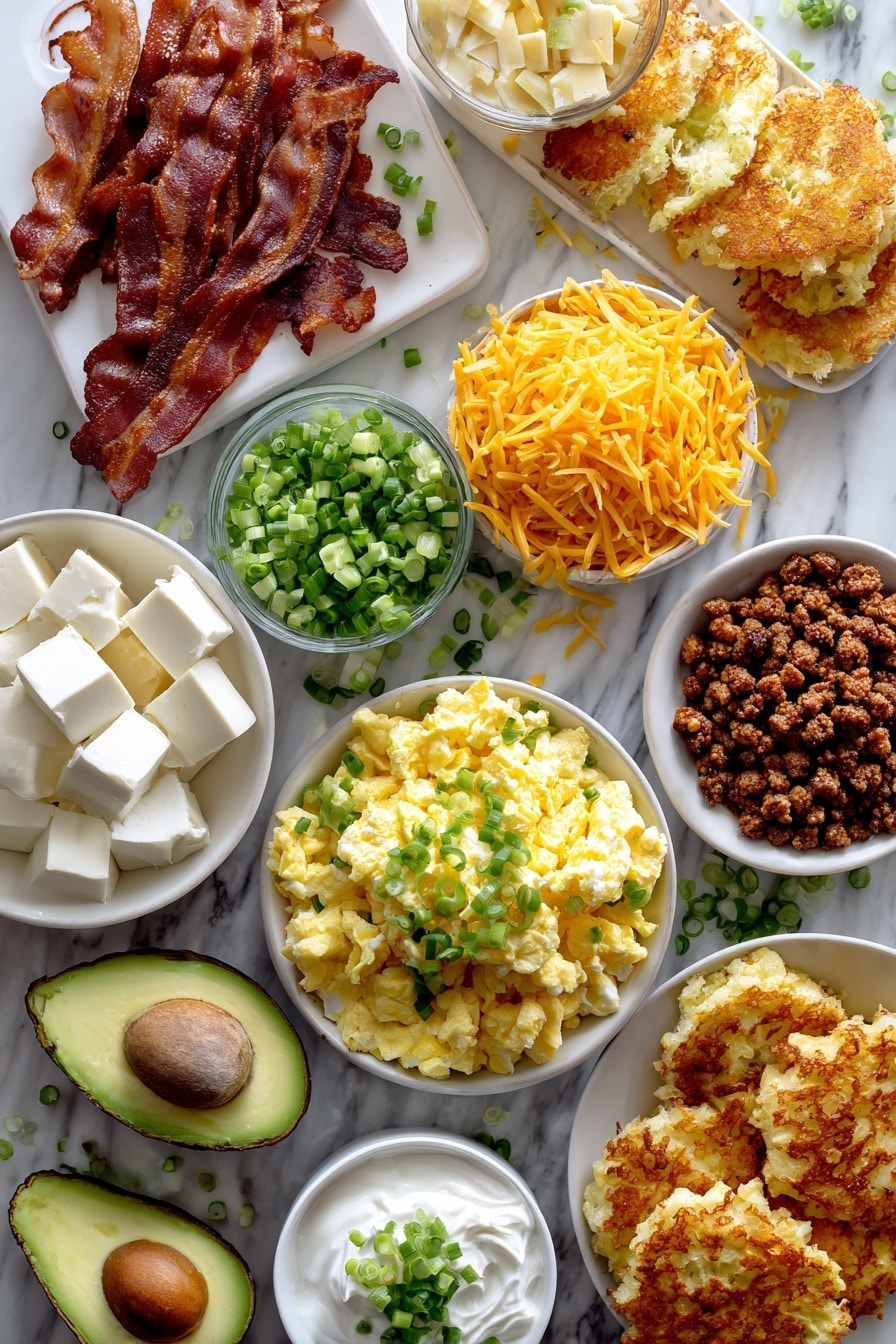 Flat lay of crispy cooked bacon strips, browned breakfast sausage crumbles, freshly shredded cheddar cheese piles, golden crispy hash brown patties, soft scrambled eggs with cream cheese chunks, vibrant chopped green onions, smooth cream cheese blocks, and sliced ripe avocado, all beautifully arranged on a white marble surface, photo taken with an iphone --ar 2:3 --v 7 - The Only Breakfast Burrito Recipe You Need, Breakfast burrito ideas, Easy breakfast burritos, Make-ahead breakfast recipes, Hearty breakfast recipes