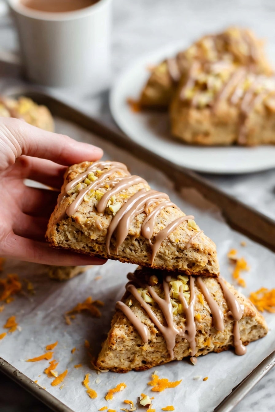 A woman's hand is holding a triangular scone with a golden brown texture, drizzled with light brown icing in parallel lines, and topped with small chopped nuts. The scone has a slightly crumbly surface with visible small orange carrot shreds inside. It is placed on white parchment paper on a baking tray, with another scone similarly decorated nearby. In the background, a white plate holds a partially eaten scone with the same icing and nut topping. Scattered carrot pieces and crumbs are visible around the scones. The setting has a white marbled texture surface. photo taken with an iphone --ar 2:3 --v 7 - Carrot Cake Scones with Cinnamon Glaze, easy carrot cake scones, flaky scones with cinnamon glaze, homemade carrot cake scones, spice-infused scone recipes