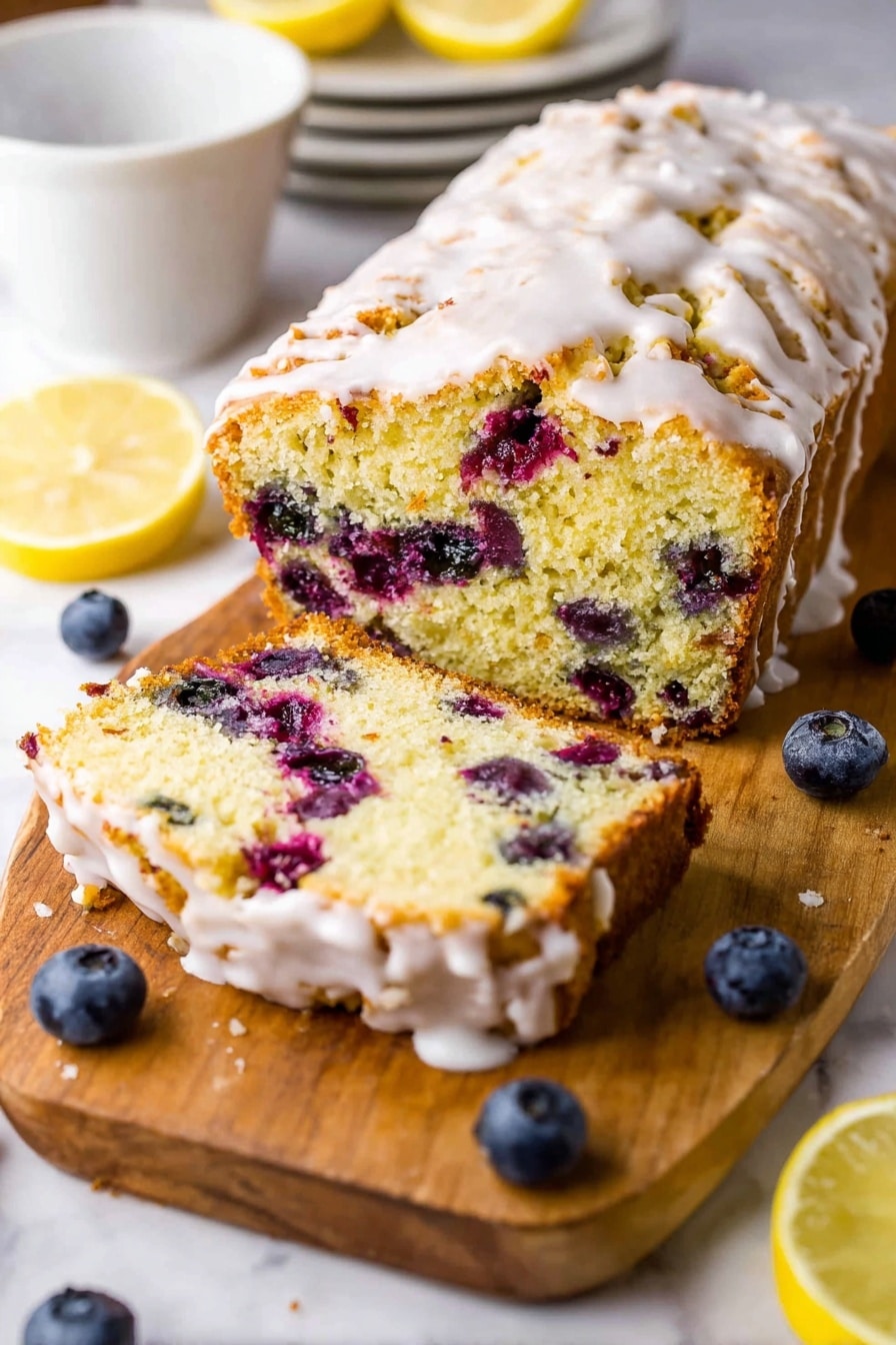 A thick yellowish loaf cake with purple-blue berries mixed inside is shown on a wooden board. The cake has two visible layers in each slice: a soft, crumbly inside filled with berries and a slightly browned crust on top. The top of the cake is covered with a white glaze that drips down the edges unevenly. Around the board, there are a few whole blueberries and a lemon wedge, with a blurred glass bowl of blueberries in the background. The scene is set on a white marbled surface. Photo taken with an iphone --ar 2:3 --v 7 - Blueberry Zucchini Bread with Lemon Glaze, healthy zucchini bread, blueberry quick bread, citrus zucchini loaf, moist zucchini cake