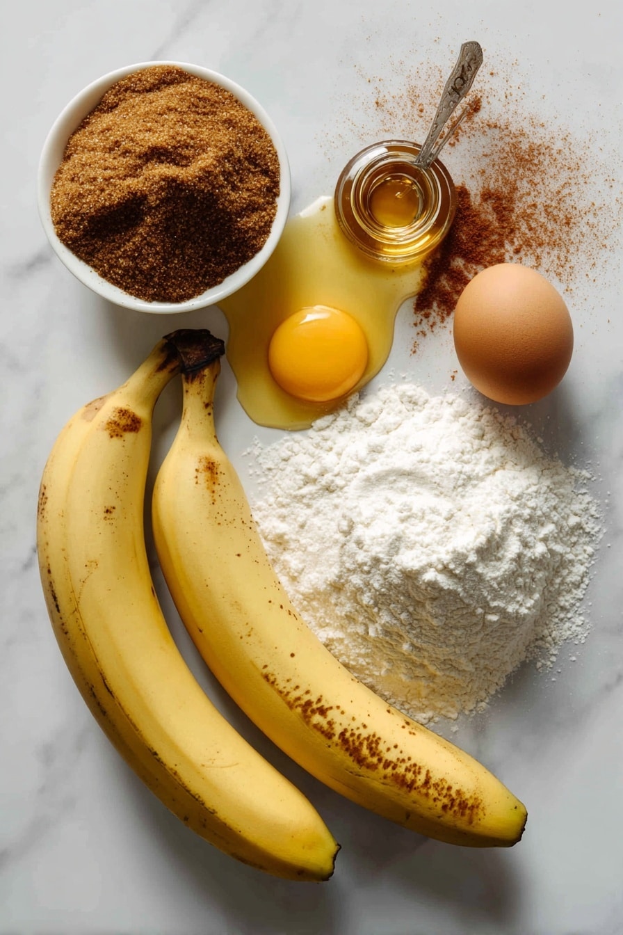 Flat lay of three overripe bananas, a small pool of melted butter, a generous mound of brown sugar, a cracked raw egg with yolk visible, a teaspoon bottle of vanilla extract, a neat pile of flour dusted with ground cinnamon, and a scattering of baking soda powder, all beautifully arranged with soft natural light and gentle shadows, placed on a white marble surface, photo taken with an iphone --ar 2:3 --v 7 - One-Bowl Banana Bread, Easy Banana Bread, Moist Banana Bread, Quick Banana Bread Recipe, Simple Banana Bread