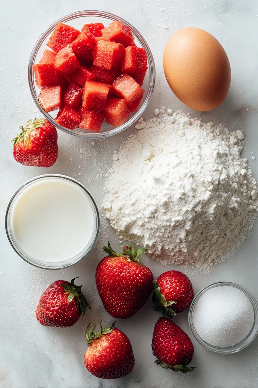 Flat lay of fresh whole strawberries, diced strawberries, granulated sugar, powdered sugar, whole milk in a small glass container, a large brown egg, vegetable oil in a clear bottle, and a mound of all-purpose flour lightly dusted, all beautifully arranged with soft natural light to highlight their textures and colors, placed on a white marble surface, photo taken with an iphone --ar 2:3 --v 7 - Strawberry Bread with Powdered Sugar Glaze, strawberry bread recipe, homemade strawberry loaf, fresh strawberry quick bread, easy strawberry cake loaf