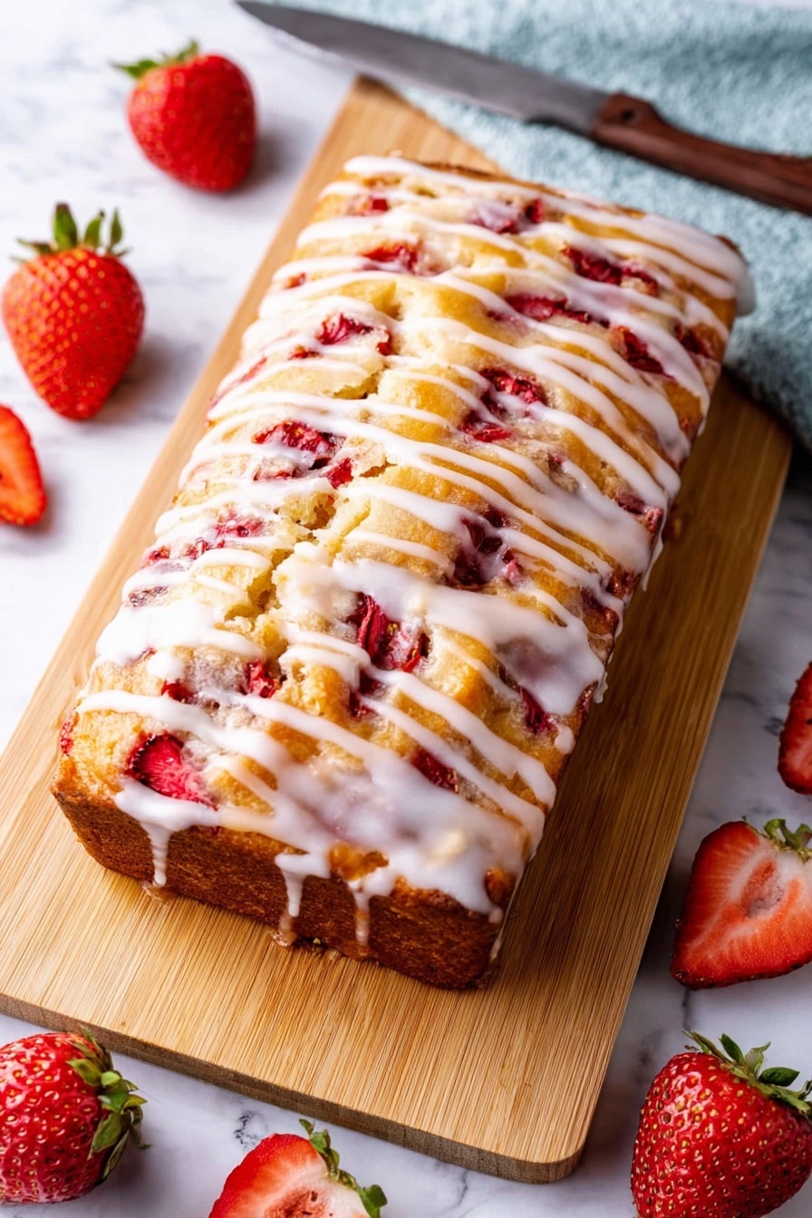The image shows a loaf of strawberry cake on a wooden board with one thick slice placed in front. The cake has two main layers: a light golden brown crust around the edges and a soft, pale yellow inner sponge filled with chunks of bright red strawberries. The top is decorated with whole and sliced strawberries, all covered with a white icing drizzle that gives a shiny texture. The wooden board is set on a white marbled surface, and there are whole and sliced strawberries scattered casually around the board. photo taken with an iphone --ar 2:3 --v 7 - Strawberry Bread with Powdered Sugar Glaze, strawberry bread recipe, homemade strawberry loaf, fresh strawberry quick bread, easy strawberry cake loaf