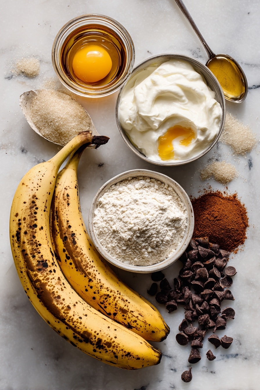 Flat lay of three ripe bananas with brown spots, a small bowl of creamy Greek yogurt, a cracked raw egg showing the yolk, a glass jar of melted coconut oil, a small heap of granulated sugar, a pile of gluten-free flour, a sprinkle of cinnamon powder, a handful of dark chocolate chips scattered loosely, and a spoonful of vanilla extract, all beautifully arranged with natural light highlighting their textures, placed on a white marble surface, photo taken with an iphone --ar 2:3 --v 7 - Gluten-Free Banana Bread with Chocolate Chips, gluten-free banana bread recipe, healthy banana bread with chocolate, moist gluten-free banana loaf, easy gluten-free banana bread