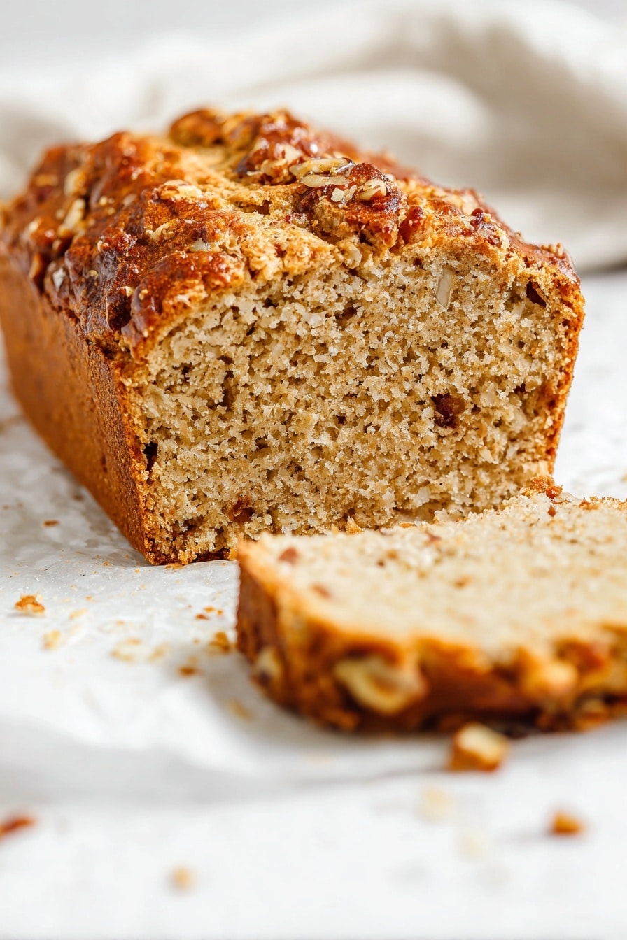 The image shows a loaf of bread with a rough, crumbly texture and a golden-brown crust. The bread has a dense and slightly uneven inside, showing small holes and a moist crumb. The top of the loaf features a layer of melted orange cheese that is slightly crispy and unevenly spread. There is one thick slice lying flat on the white marbled surface next to the loaf, with crumbs scattered around it. The background is soft and out of focus. photo taken with an iphone --ar 2:3 --v 7 - Guinness Beer Bacon Cheddar Bread, easy beer bread with bacon and cheese, homemade savory Guinness bread, flavorful beer bread recipe, simple bread with bacon and cheddar