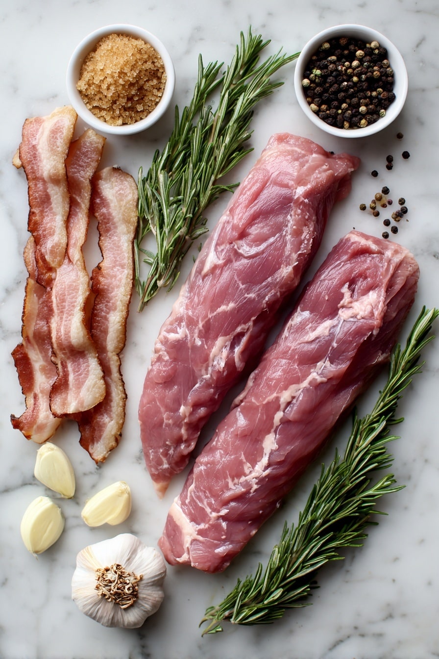 Flat lay of two raw pork tenderloins with even marbling, strips of uncooked bacon neatly arranged beside them, peeled garlic cloves slightly crushed, a small pile of brown sugar, dried rosemary sprinkled artfully, fresh rosemary sprigs fanned out, and whole black peppercorns scattered gently, placed on a white marble surface, photo taken with an iphone --ar 2:3 --v 7 - Bacon-Wrapped Pork Tenderloin, pork tenderloin wrapped in bacon, easy pork tenderloin recipe, flavorful pork dinner, crispy bacon pork