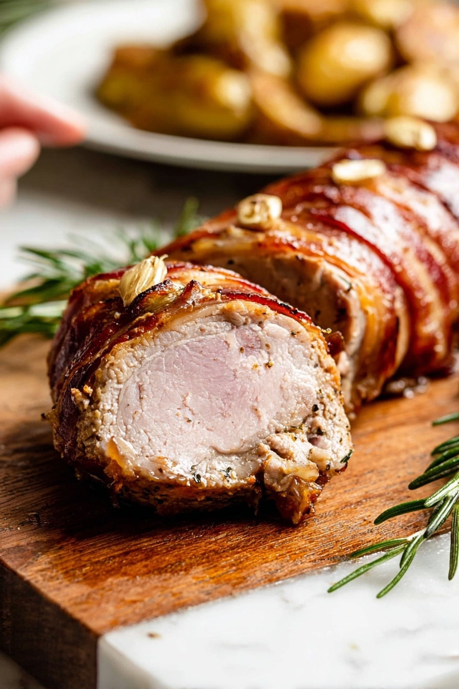 The image shows a sliced meat roll placed on a wooden cutting board with a white marbled surface underneath. The roll has two visible layers: a thick inner layer of light pink cooked meat with a smooth texture and an outer layer of crispy, browned bacon wrapped around it, with some seasoning and small garlic pieces on top. In the background, there is a white plate with roasted potatoes and green herbs like rosemary, slightly blurred. A woman's hand is touching the roasted potatoes on the plate. The overall lighting is bright and natural, highlighting the textures of the meat and bacon. photo taken with an iphone --ar 2:3 --v 7 - Bacon-Wrapped Pork Tenderloin, pork tenderloin wrapped in bacon, easy pork tenderloin recipe, flavorful pork dinner, crispy bacon pork
