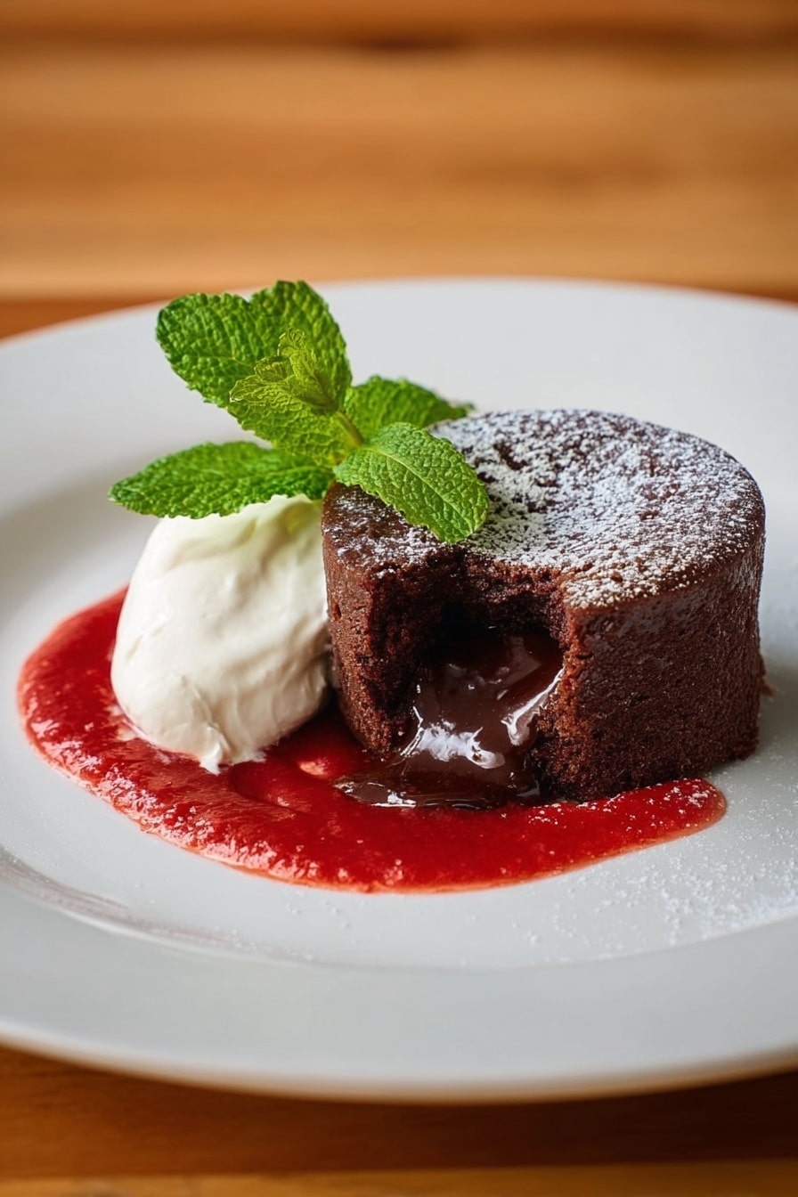 A white round plate holds a chocolate lava cake with a smooth, dark brown exterior dusted lightly with powdered sugar. The cake is partially broken open, revealing thick, melted chocolate flowing out from the center. Next to the cake on the left side is a soft, white whipped cream mound with a fresh green mint sprig on top. Beneath and around the molten center, there is a thin layer of glossy red berry sauce that pools slightly on the white marbled surface under the plate. The photo is taken with an iphone --ar 2:3 --v 7 - Molten Chocolate Lava Cake with Raspberry Coulis and Whipped Cream, chocolate lava cake with raspberry sauce, easy molten lava cake, indulgent chocolate dessert, festive chocolate cake