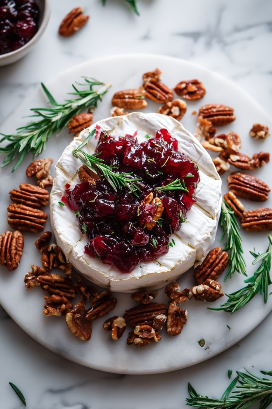 Flat lay of a whole round brie cheese wheel, glossy homemade cranberry sauce dollops, a scattering of roasted pecans with a rich brown hue, and fresh green rosemary sprigs artfully placed between the ingredients, all arranged beautifully on a white marble surface, photo taken with an iphone --ar 2:3 --v 7 - Baked Brie with Cranberries, Christmas appetizer, cranberry brie dip, holiday cheese platter, festive brie recipe