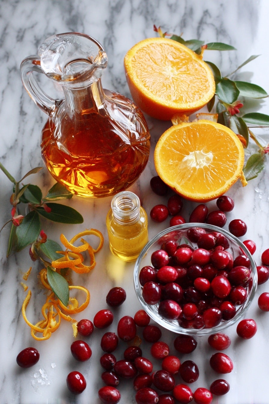 Flat lay of fresh cranberries scattered alongside bright orange slices and delicate orange zest curls, a small glass pitcher filled with golden pure maple syrup, a clear glass container of vibrant orange juice, and a tiny bottle of vanilla extract, all beautifully arranged with a hint of fresh green cranberry leaves, placed on a white marble surface, photo taken with an iphone --ar 2:3 --v 7 - Cranberry Orange Sauce, holiday cranberry sauce, citrus cranberry side, easy cranberry sauce, fresh fruit cranberry recipe