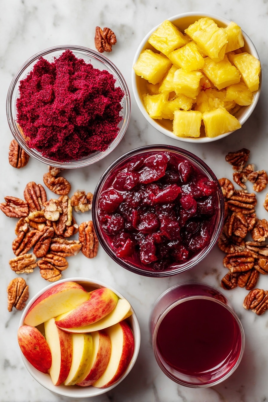 Flat lay of vibrant raspberry jello powder with its deep red color, a bowl of glistening crushed pineapple with golden yellow chunks and juice, a spread of whole berry cranberry sauce showing its rich red berries and syrup, bright chopped Honeycrisp apple pieces with pale yellow flesh, scattered chopped pecans with their warm brown hues and textured surfaces, and a small glass of deep red cranberry juice, all beautifully arranged on a white marble surface, photo taken with an iphone --ar 2:3 --v 7 - Cranberry Jello Salad, Cranberry Jello Salad Ingredients, Festive Cranberry Salad, Holiday Jello Salad, Easy Cranberry Salad