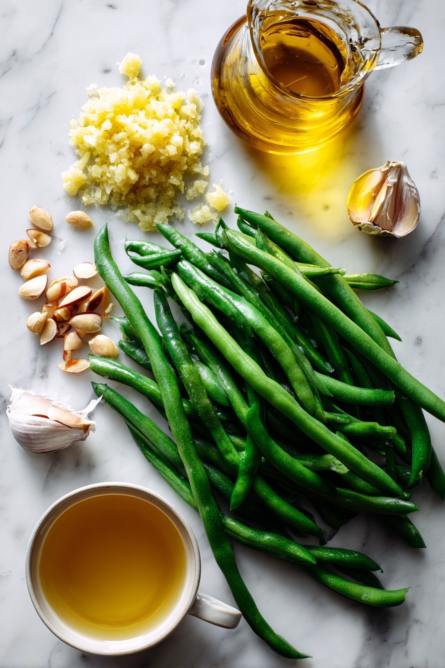 Flat lay of fresh green beans neatly trimmed and arranged alongside a small mound of minced yellow onion and a single peeled garlic clove, with a scattering of crushed almonds delicately placed nearby, and a small glass jug of golden olive oil and a clear cup of light vegetable broth, all beautifully arranged on a white marble surface, photo taken with an iphone --ar 2:3 --v 7 - Instant Pot Green Beans with Garlic and Almonds, healthy green bean side dish, quick vegetable recipes, easy garlic green beans, flavorful green bean side dish