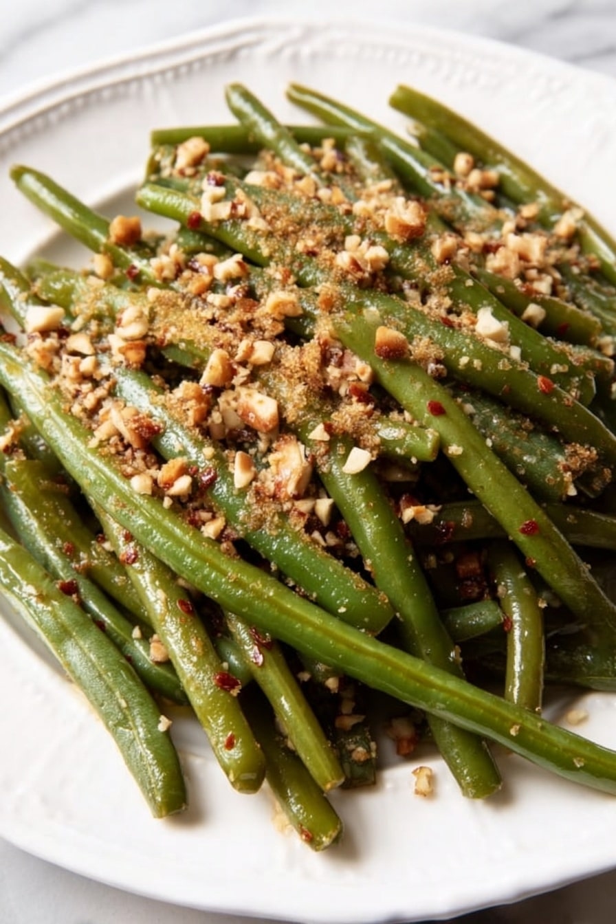 The dish shows a white plate full of cooked green beans, arranged in a light pile with their long, slender shapes laying mostly flat but some overlapping. The green beans are a soft, olive green color with a slightly shiny texture. On top, there is a layer of small, crushed nuts and red chili flakes sprinkled unevenly, adding a crumbly and rough texture with light beige, brown, and dark red colors. The plate rests on a white marbled surface. photo taken with an iphone --ar 2:3 --v 7 - Instant Pot Green Beans with Garlic and Almonds, healthy green bean side dish, quick vegetable recipes, easy garlic green beans, flavorful green bean side dish