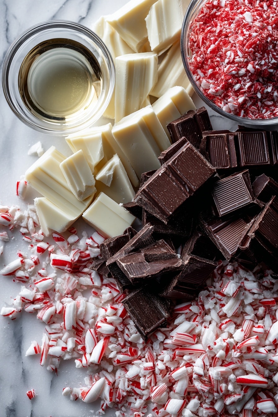Flat lay of chopped high-quality dark chocolate bars, chopped creamy white chocolate bars, finely crushed red and white candy canes, coarsely crushed candy canes piled neatly, and a small glass bowl of clear peppermint extract, placed on a white marble surface, photo taken with an iphone --ar 2:3 --v 7 - Homemade Peppermint Bark, peppermint bark recipe, holiday chocolate treats, easy peppermint bark, festive chocolate peppermint