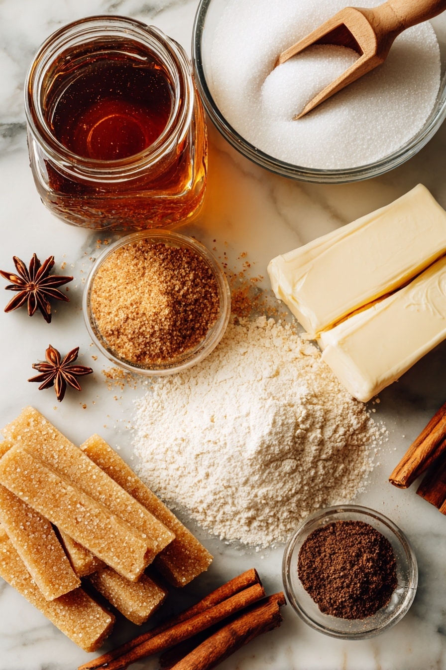 Flat lay of dark brown sugar crystals spilling gently beside a rich amber jar of molasses with a slight sheen, golden softened butter sticks stacked neatly, warm-toned ground ginger, cinnamon sticks and a small heap of ground cloves arranged harmoniously, a mound of sifted all-purpose flour dusted lightly nearby, and a glass bowl of bright white powdered sugar with a small wooden scoop resting on top, placed on a white marble surface, photo taken with an iphone --ar 2:3 --v 7 - Unbelievably Soft and Chewy Gingerbread Men, gingerbread man cookies, soft gingerbread cookies, chewy holiday cookies, festive gingerbread treats