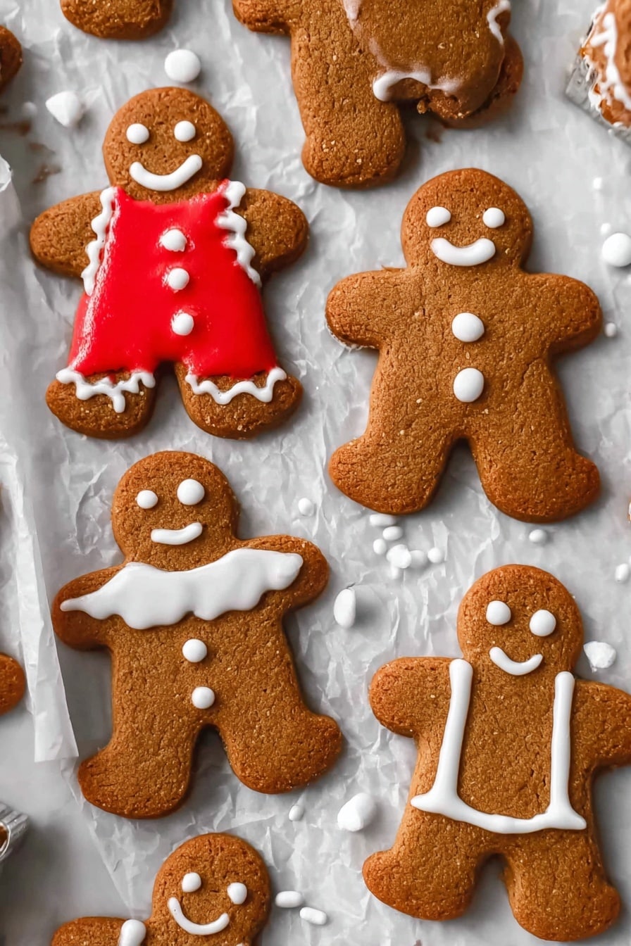 Several gingerbread cookies shaped like little people are shown on wrinkled white parchment paper over a white marbled surface. Each cookie has a warm brown color and is decorated with smooth icing in different styles: one has a bright red outfit with white buttons and a smiling face, another has a white skirt and straps with buttons and a happy face, one shows white outline suspenders with two small red dots near the shoulders, while others have simple white dots or smiling faces made from icing. Small round white sprinkles are scattered around the cookies. Photo taken with an iphone --ar 2:3 --v 7 - Unbelievably Soft and Chewy Gingerbread Men, gingerbread man cookies, soft gingerbread cookies, chewy holiday cookies, festive gingerbread treats
