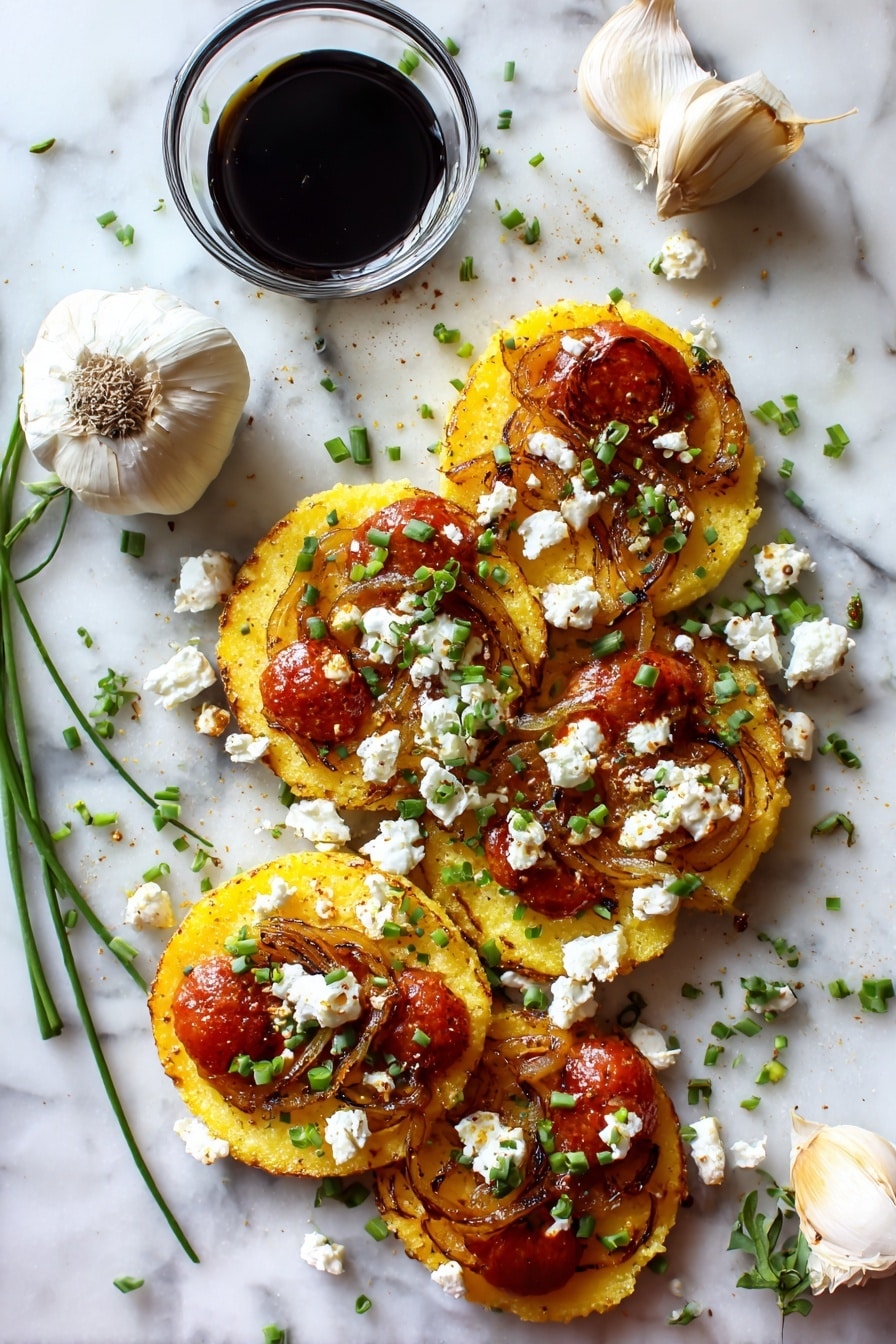 Flat lay of thick golden polenta slices, bright red homemade tomato sauce dollops, soft glossy balsamic-glazed sliced onions, crumbly white feta cheese scattered in small chunks, fresh vibrant green chopped chives, and whole cloves of raw garlic arranged attractively, placed on a white marble surface, photo taken with an iphone --ar 2:3 --v 7 - Polenta with Tomato Sauce Balsamic Onions and Feta, vegetarian polenta dish, easy quick vegetarian dinner, flavorful polenta recipes, creamy polenta with toppings