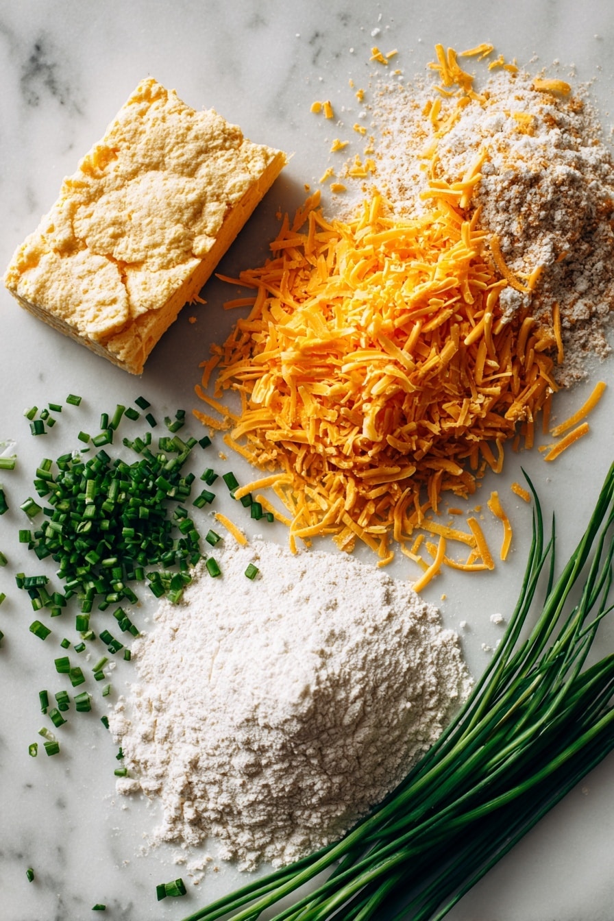 Flat lay of spicy ground sausage, a block of soft cream cheese, a pile of Bisquick baking mix, shredded sharp cheddar cheese, and fresh chopped green chives, all beautifully arranged in small piles and clusters showcasing their vibrant colors and textures, placed on a white marble surface, photo taken with an iphone --ar 2:3 --v 7 - Cream Cheese Sausage Balls, sausage balls recipe, easy sausage appetizer, cheesy sausage bites, party sausage snacks