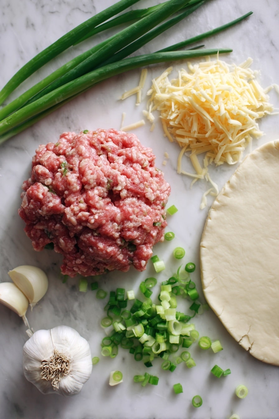 Flat lay of raw ground breakfast sausage, bright green minced scallions, shredded sharp cheddar cheese, soft cream cheese blocks, peeled garlic cloves, a smooth sheet of crescent roll dough, cracked black peppercorns, and coarse kosher salt crystals, all beautifully arranged in neat piles and small clusters, placed on a white marble surface, photo taken with an iphone --ar 2:3 --v 7 - Sausage Pinwheels, Sausage Pinwheels recipe, savory appetizer, easy party snacks, flaky sausage rolls