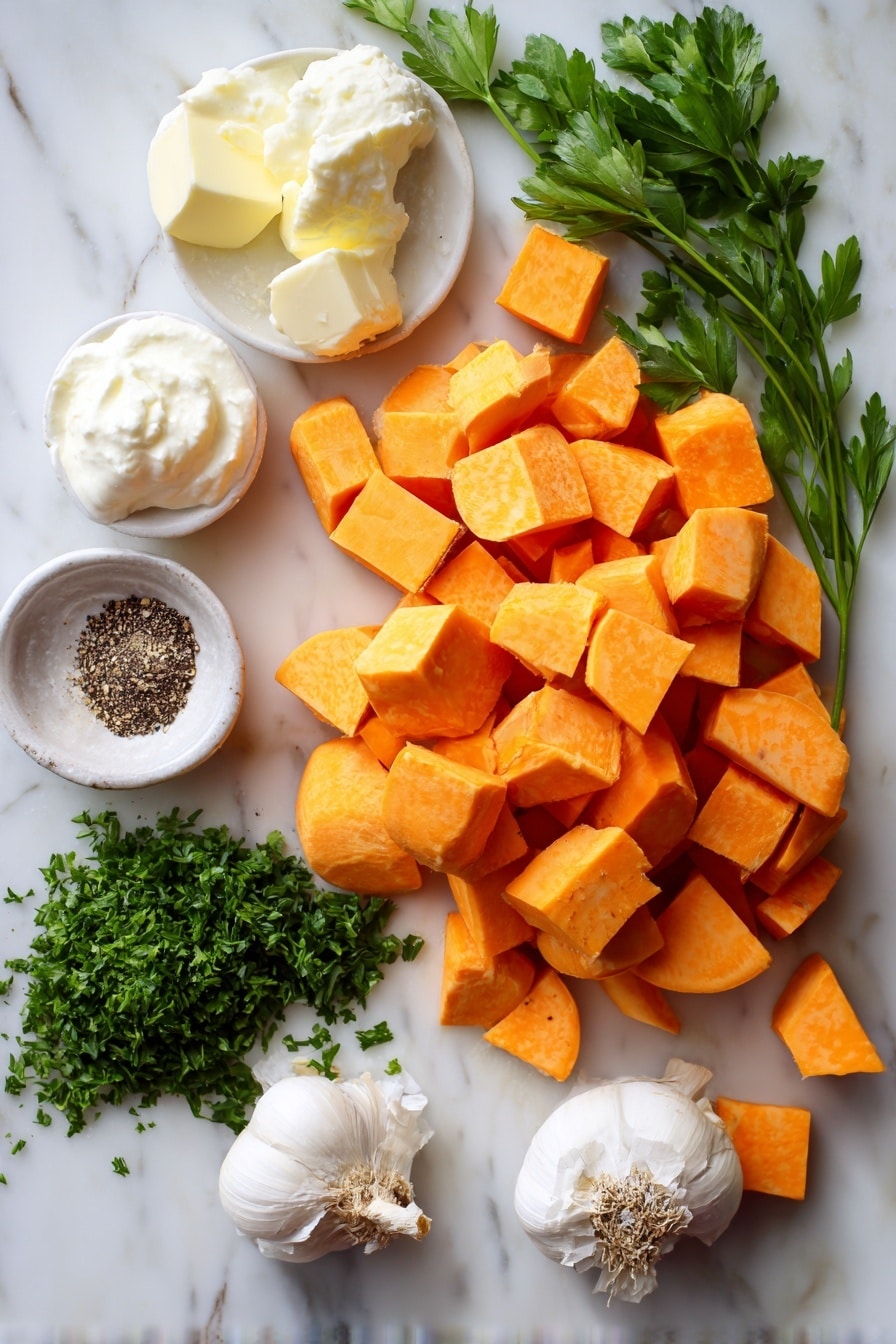 Flat lay of vibrant orange sweet potato cubes, small cubes of creamy butter, a few sprigs of fresh green parsley finely chopped, a peeled garlic clove minced into tiny pieces, dollops of smooth white sour cream, and a sprinkle of coarse black pepper, all beautifully arranged in an inviting pattern placed on a white marble surface, photo taken with an iphone --ar 2:3 --v 7 - Creamy Savory Mashed Sweet Potatoes, mashed sweet potatoes with garlic, easy sweet potato side dish, savory sweet potato mash, buttery sweet potato recipe
