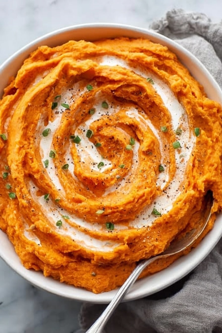 A white bowl filled with smooth orange mashed sweet potatoes, swirled in the center with visible ridges and peaks. The top layer has a light drizzle of white cream and is sprinkled with small green herb pieces and black pepper. A silver spoon rests inside the bowl, placed on a white marbled surface, with a soft gray cloth nearby. The texture looks creamy and thick, with a warm, inviting color. Photo taken with an iphone --ar 2:3 --v 7 - Creamy Savory Mashed Sweet Potatoes, mashed sweet potatoes with garlic, easy sweet potato side dish, savory sweet potato mash, buttery sweet potato recipe