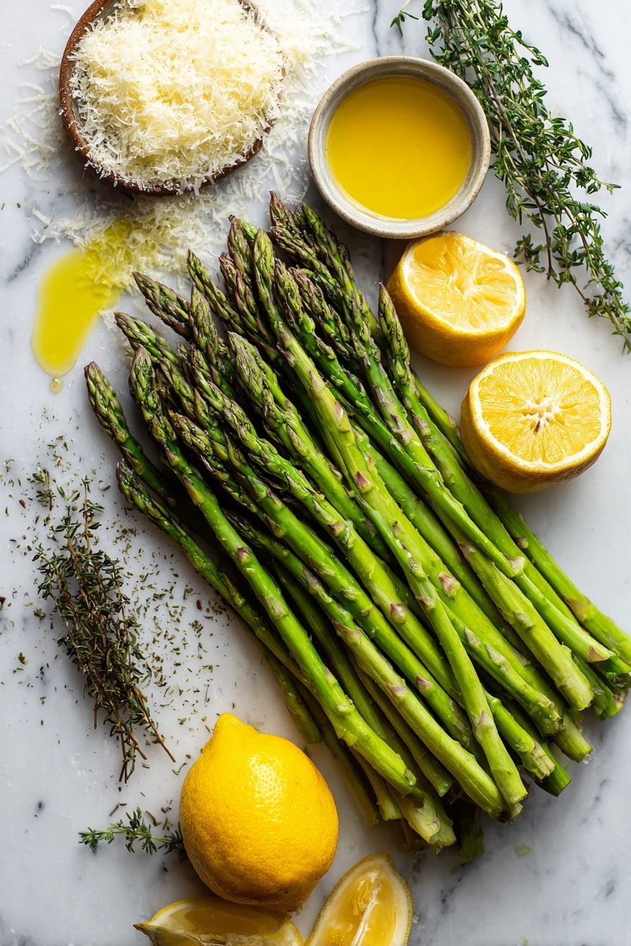 Flat lay of vibrant green asparagus spears neatly lined up next to bright yellow lemon wedges, a small pile of freshly grated Parmesan cheese, sprigs of dried oregano scattered artistically, and a small pool of golden extra virgin olive oil glistening, all placed on a white marble surface, photo taken with an iphone --ar 2:3 --v 7 - Garlic Parmesan Roasted Asparagus with Lemon, roasted asparagus side dish, easy vegetable recipes, healthy asparagus ideas, lemon garlic asparagus